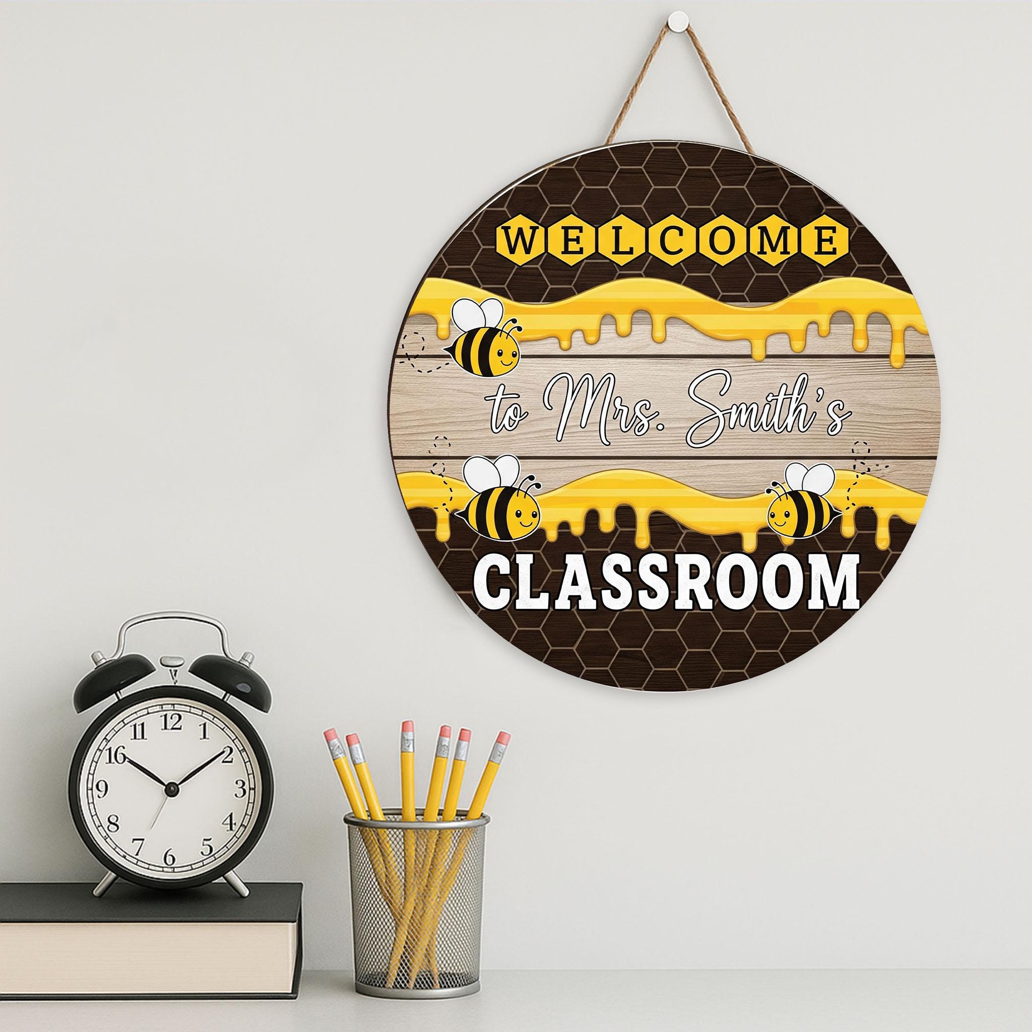 Personalized Bee Welcome Sign, Bee Classroom Decor, Teacher Door Hanger, Custom Name Sign, Back to School Gift, Wooden Bee Sign