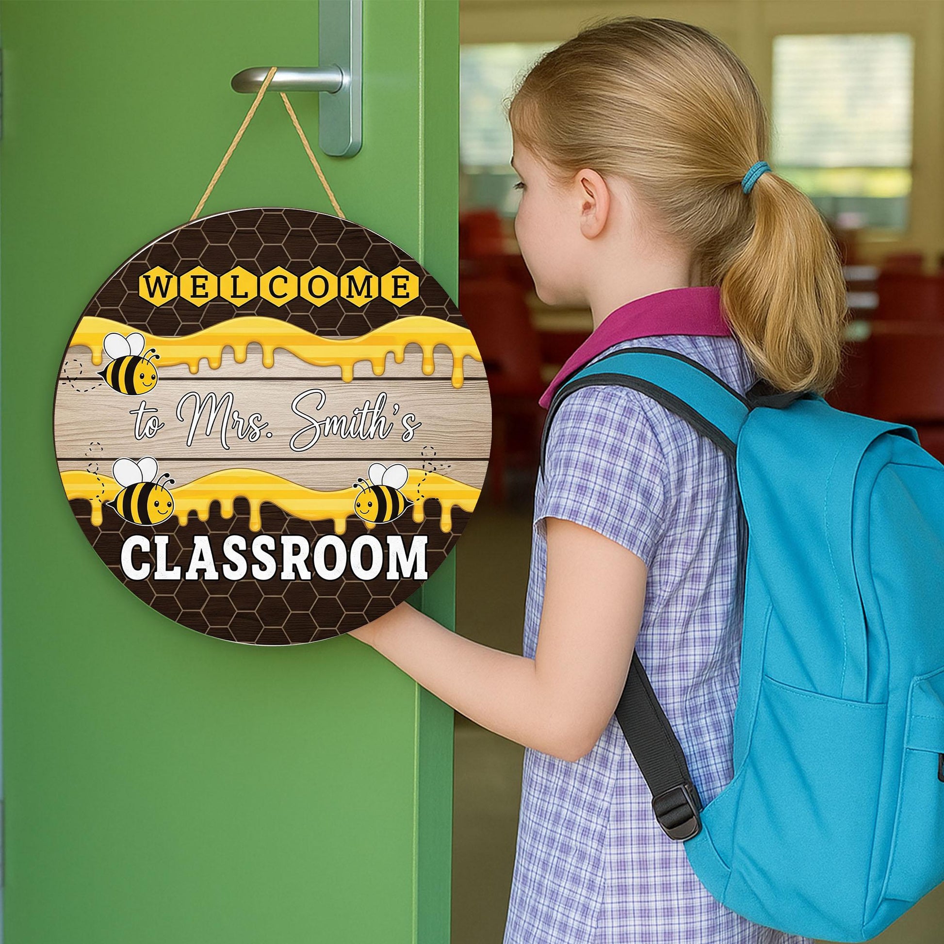 Personalized Bee Welcome Sign, Bee Classroom Decor, Teacher Door Hanger, Custom Name Sign, Back to School Gift, Wooden Bee Sign