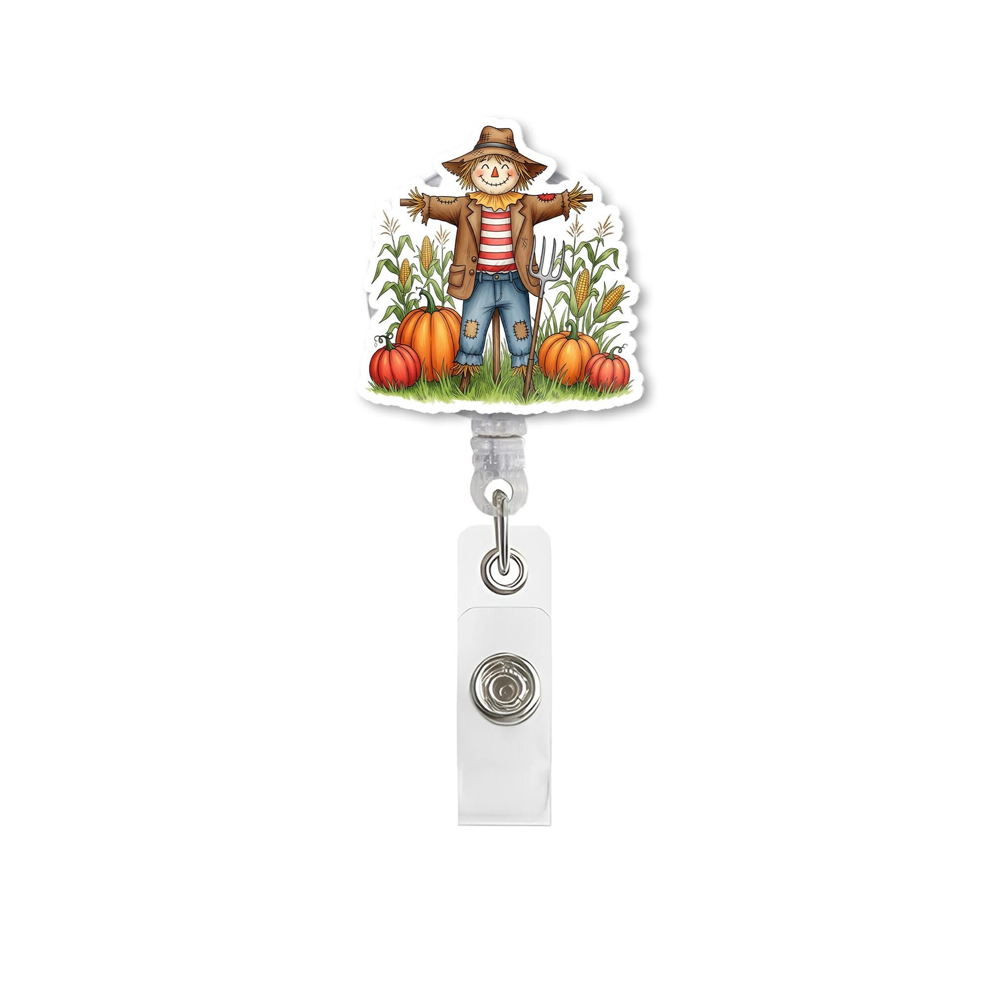 Adorable Scarecrow & Pumpkin Badge Reel - Fall Harvest Retractable ID Holder - Nurse Teacher Student Gift - Autumn Farm Decor