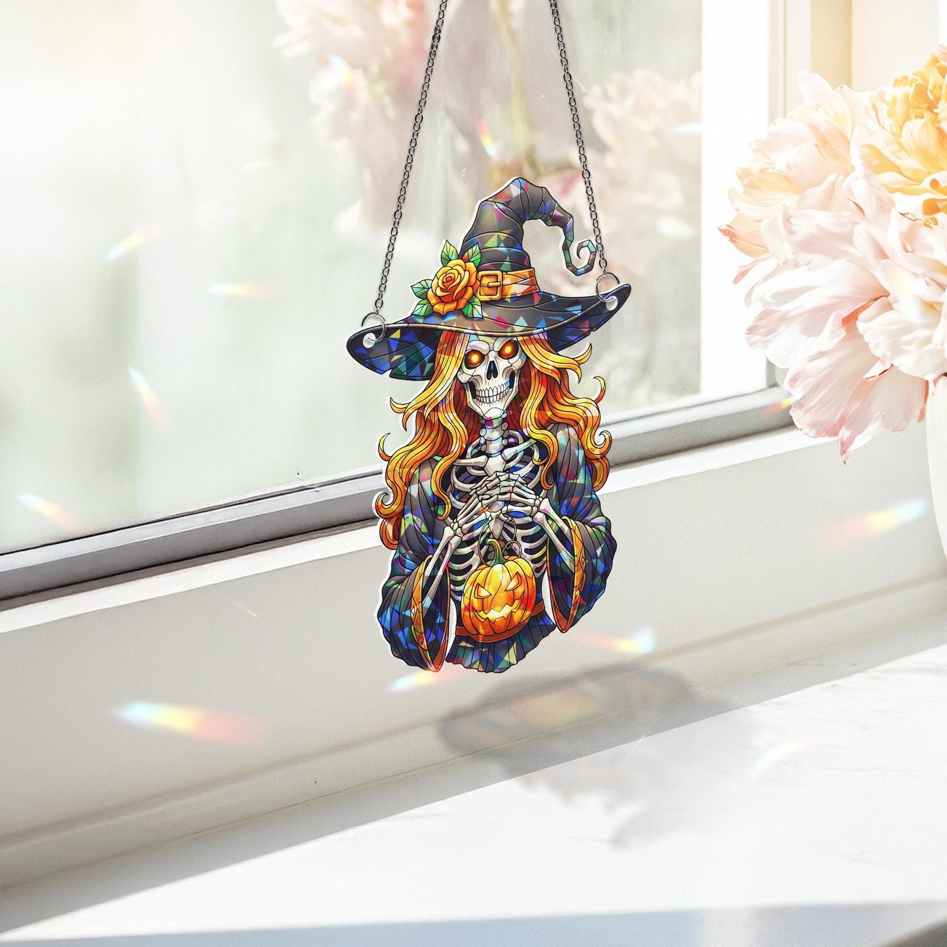 Stained Glass Witch Suncatcher – Halloween Skeleton Decor – Gothic Window Hanging – Spooky Fall Witch Ornament – Pumpkin Witch Art