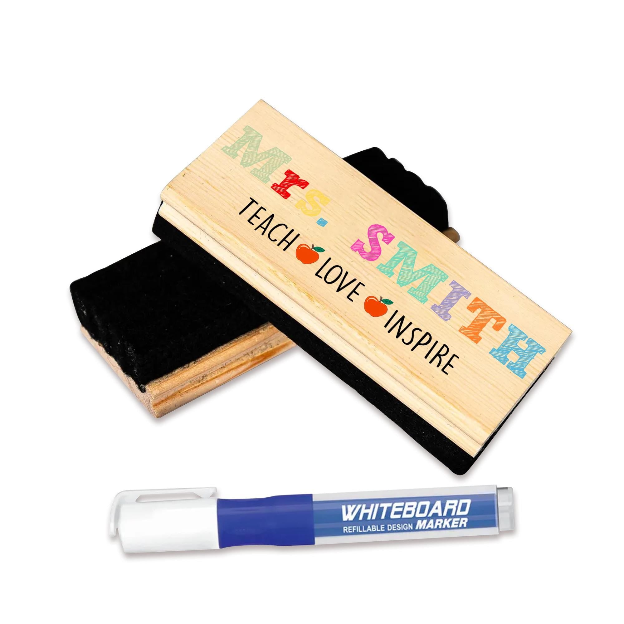 Personalized Teacher Whiteboard Eraser – Colorful Teach Love Inspire Design with Custom Name, Back to School Gift for Educators, Teachers