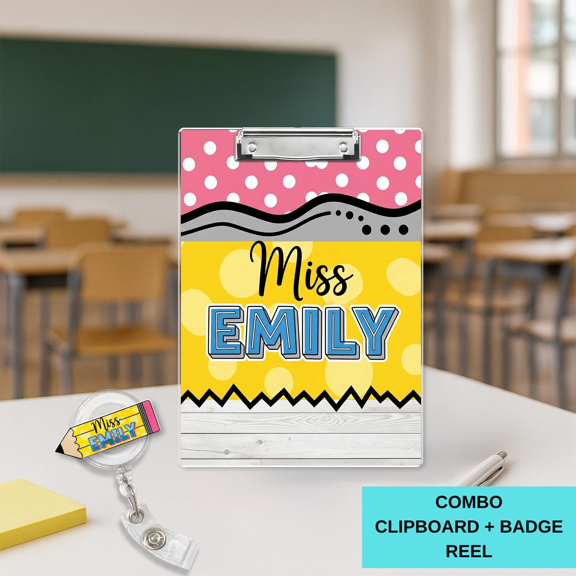 COMBO Teacher Clipboard and Badge Reel Set, Personalized Clipboard, Groovy Pencil Badge Reel, Custom Teacher Gift, Back to School Gift