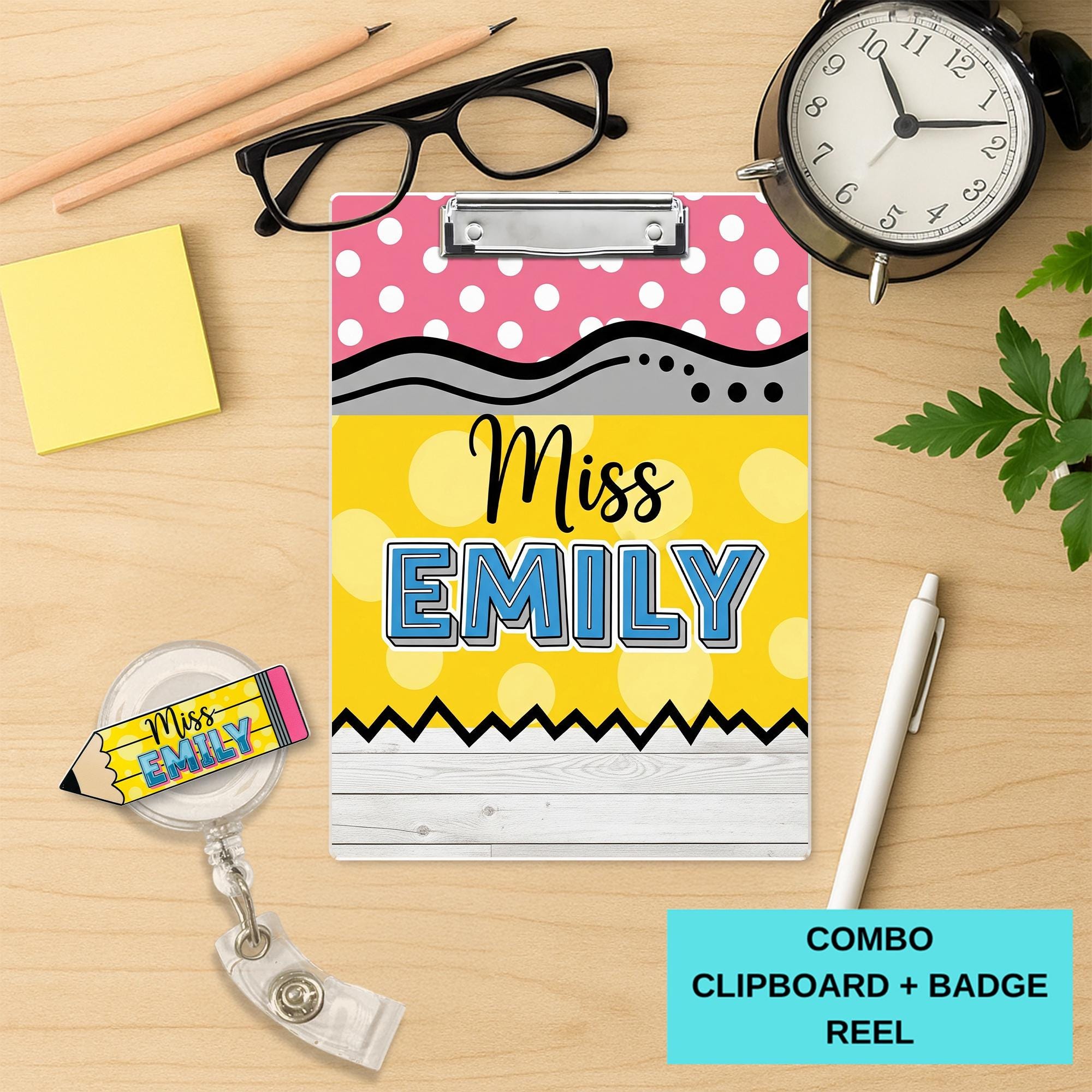 COMBO Teacher Clipboard and Badge Reel Set, Personalized Clipboard, Groovy Pencil Badge Reel, Custom Teacher Gift, Back to School Gift