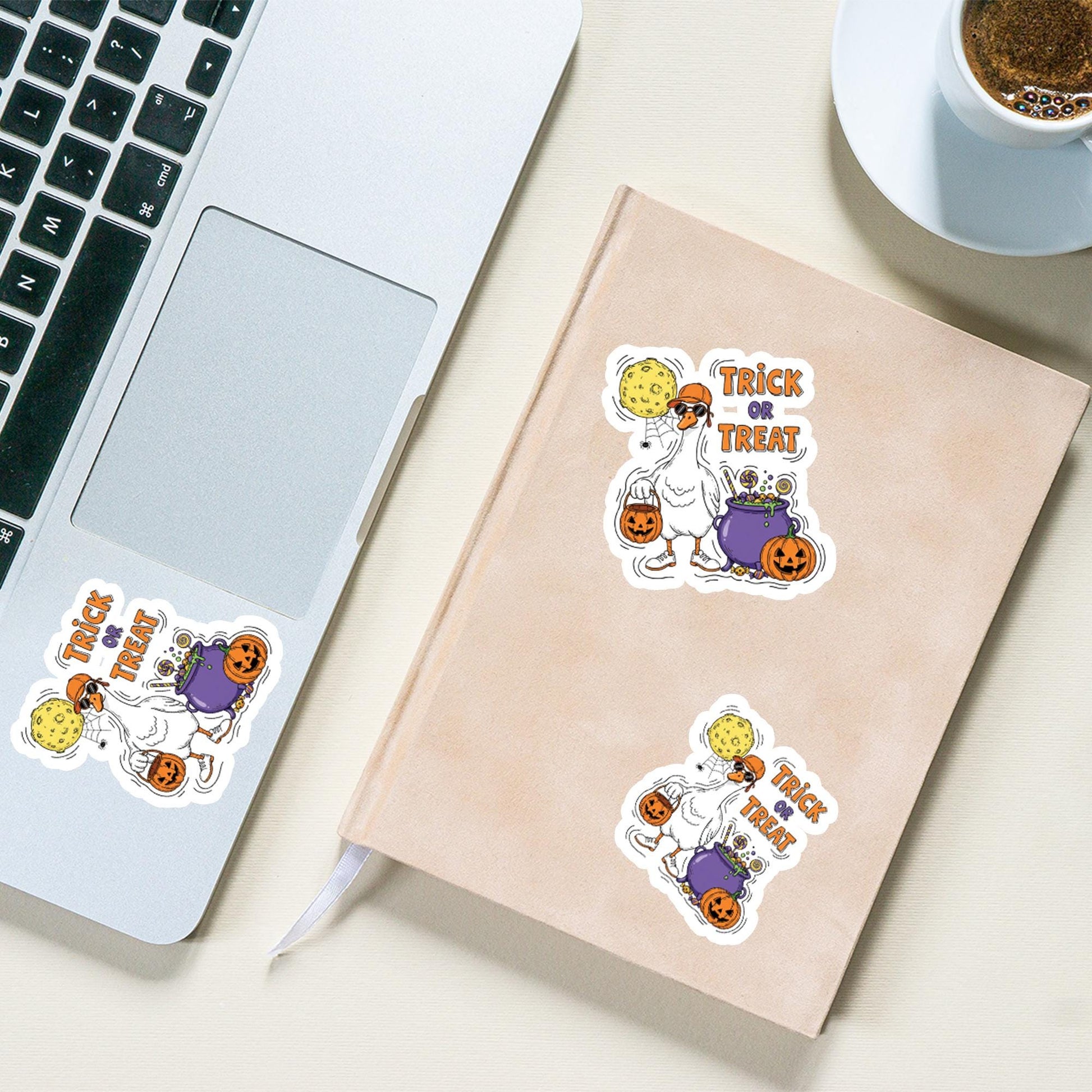 Trick or Treat Goose Halloween Sticker - Funny Duck Spooky Decal - Pumpkin Moon Cauldron Laptop Water Bottle Vinyl Decal