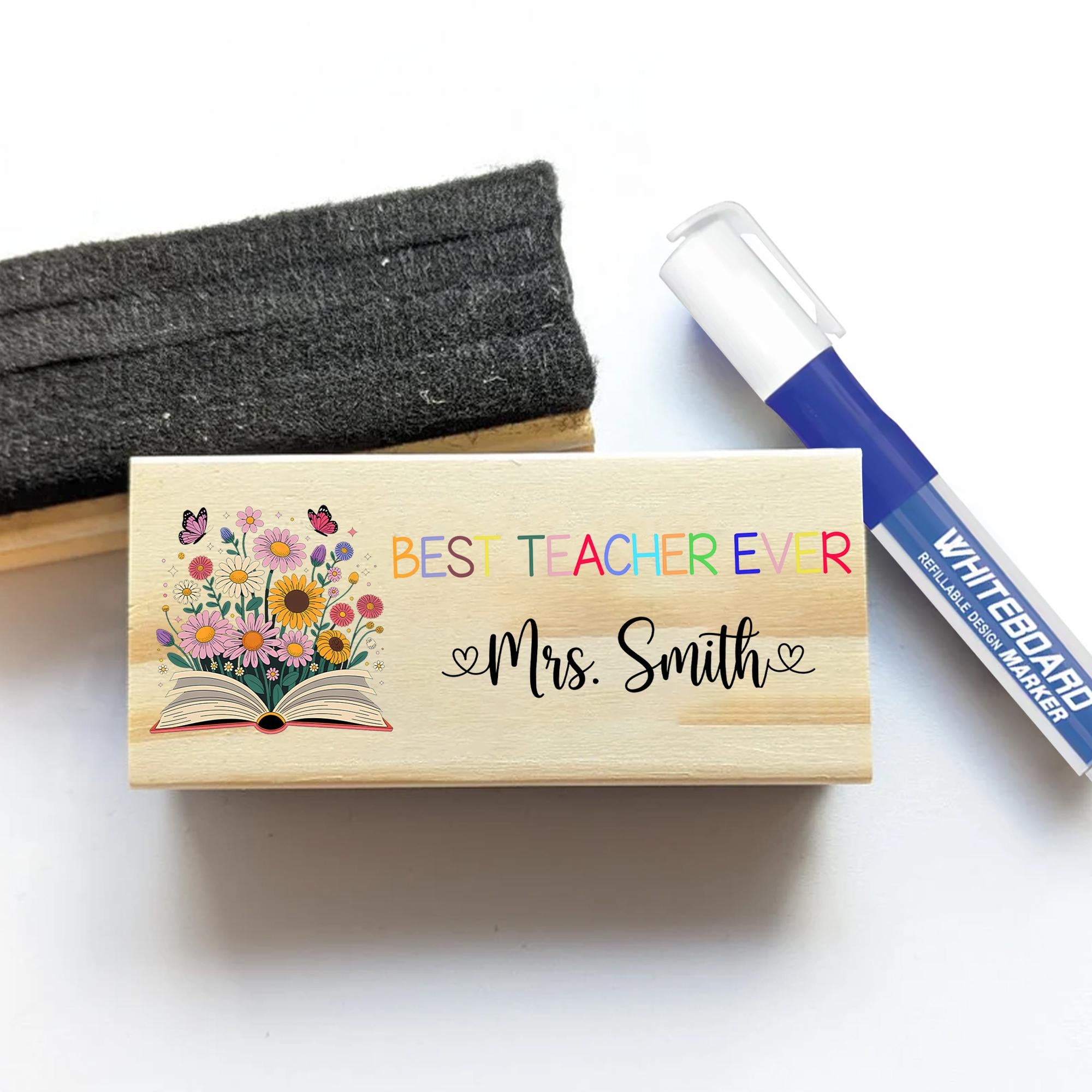 Best Teacher Ever Personalized Chalkboard Eraser – Custom Floral Book Design with Name, Teacher Gift for Classroom or Back to School