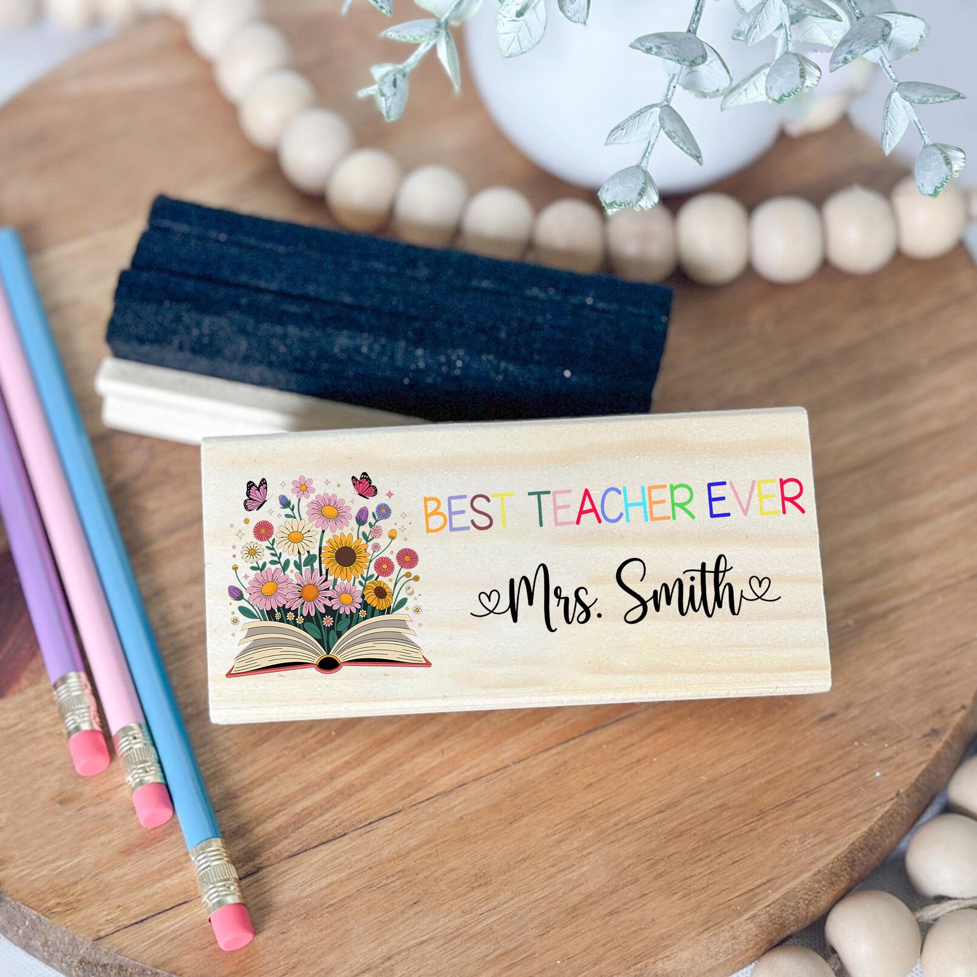 Best Teacher Ever Personalized Chalkboard Eraser – Custom Floral Book Design with Name, Teacher Gift for Classroom or Back to School