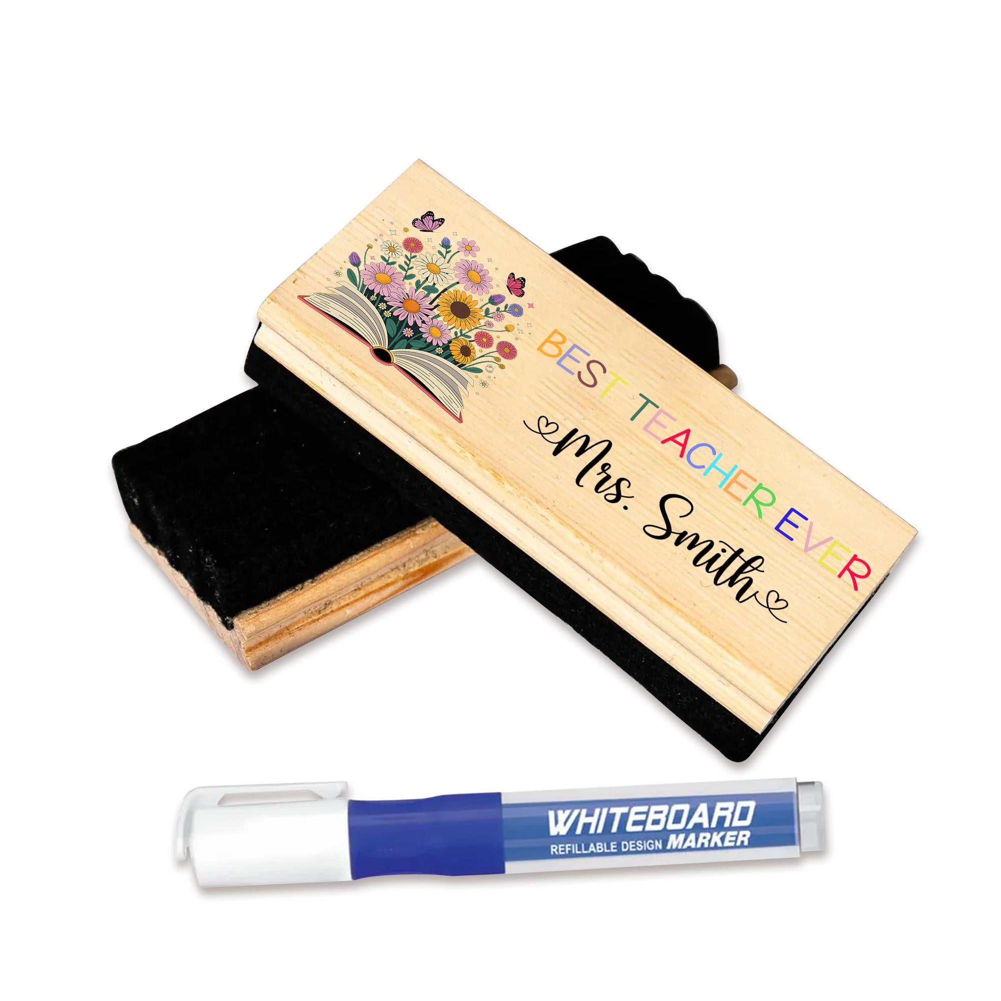 Best Teacher Ever Personalized Chalkboard Eraser – Custom Floral Book Design with Name, Teacher Gift for Classroom or Back to School