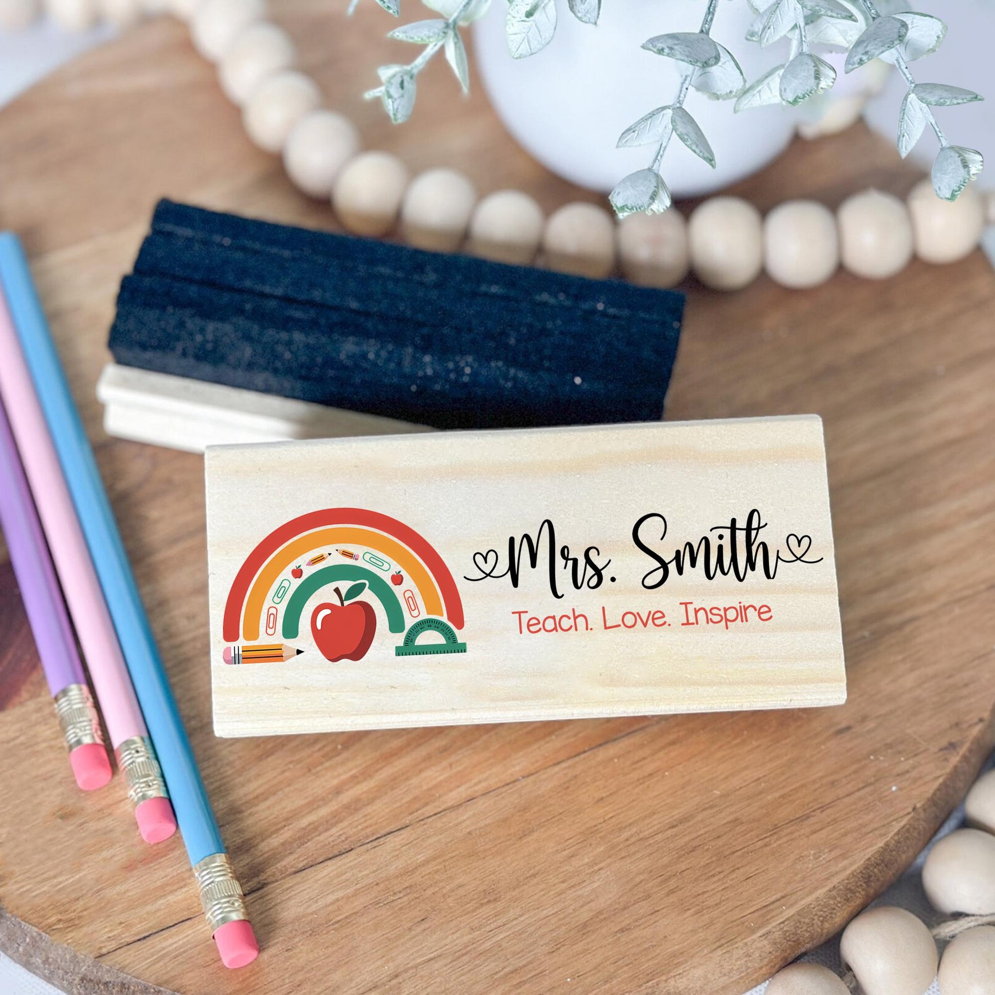 Personalized Teacher Chalkboard Eraser – Rainbow Design with Name, Teach Love Inspire Quote, Back to School Gift for Educators, Teachers
