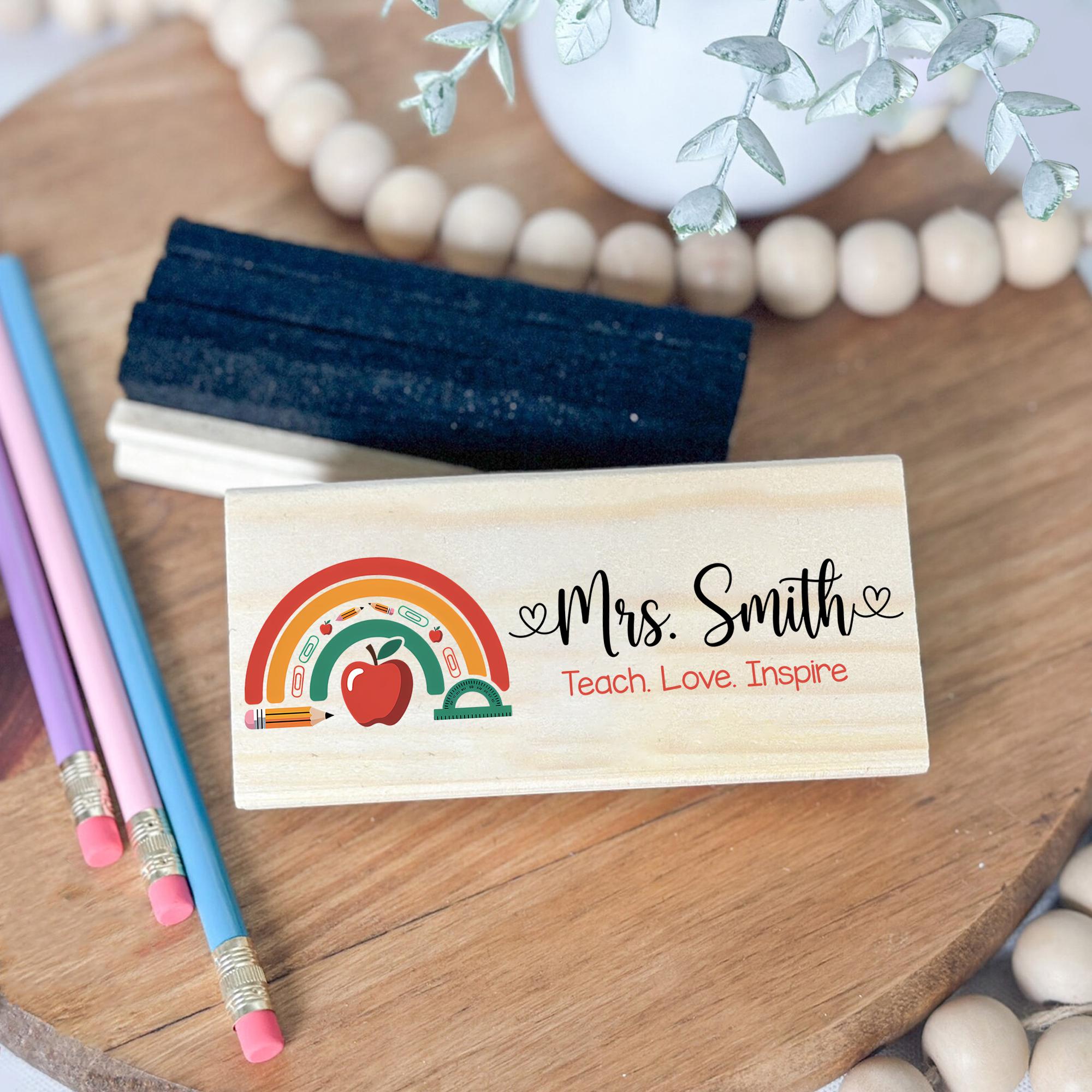 Personalized Teacher Chalkboard Eraser – Rainbow Design with Name, Teach Love Inspire Quote, Back to School Gift for Educators, Teachers