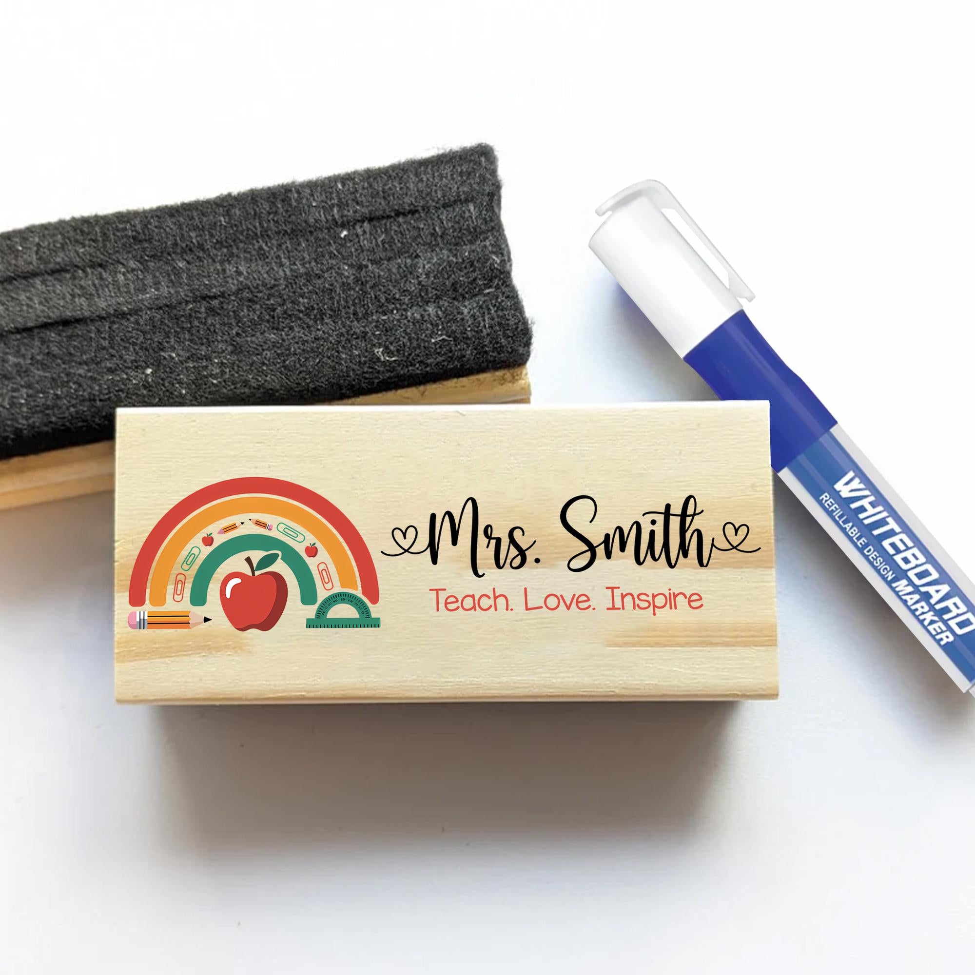 Personalized Teacher Chalkboard Eraser – Rainbow Design with Name, Teach Love Inspire Quote, Back to School Gift for Educators, Teachers