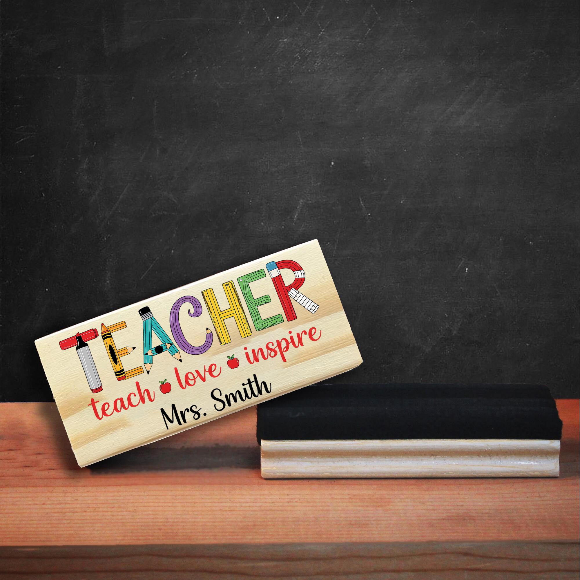 Personalized Teacher Chalkboard Eraser – Colorful TEACHER Design with Name, Teach Love Inspire Quote, Custom Classroom Gift, Educators Gift