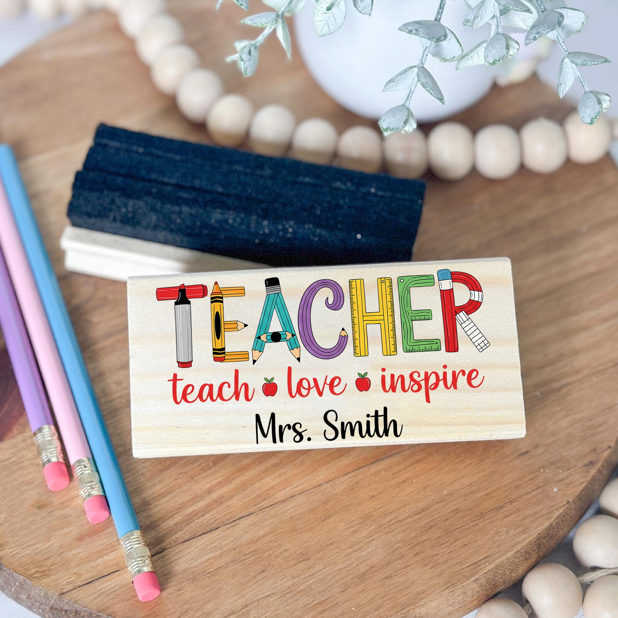 Personalized Teacher Chalkboard Eraser – Colorful TEACHER Design with Name, Teach Love Inspire Quote, Custom Classroom Gift, Educators Gift