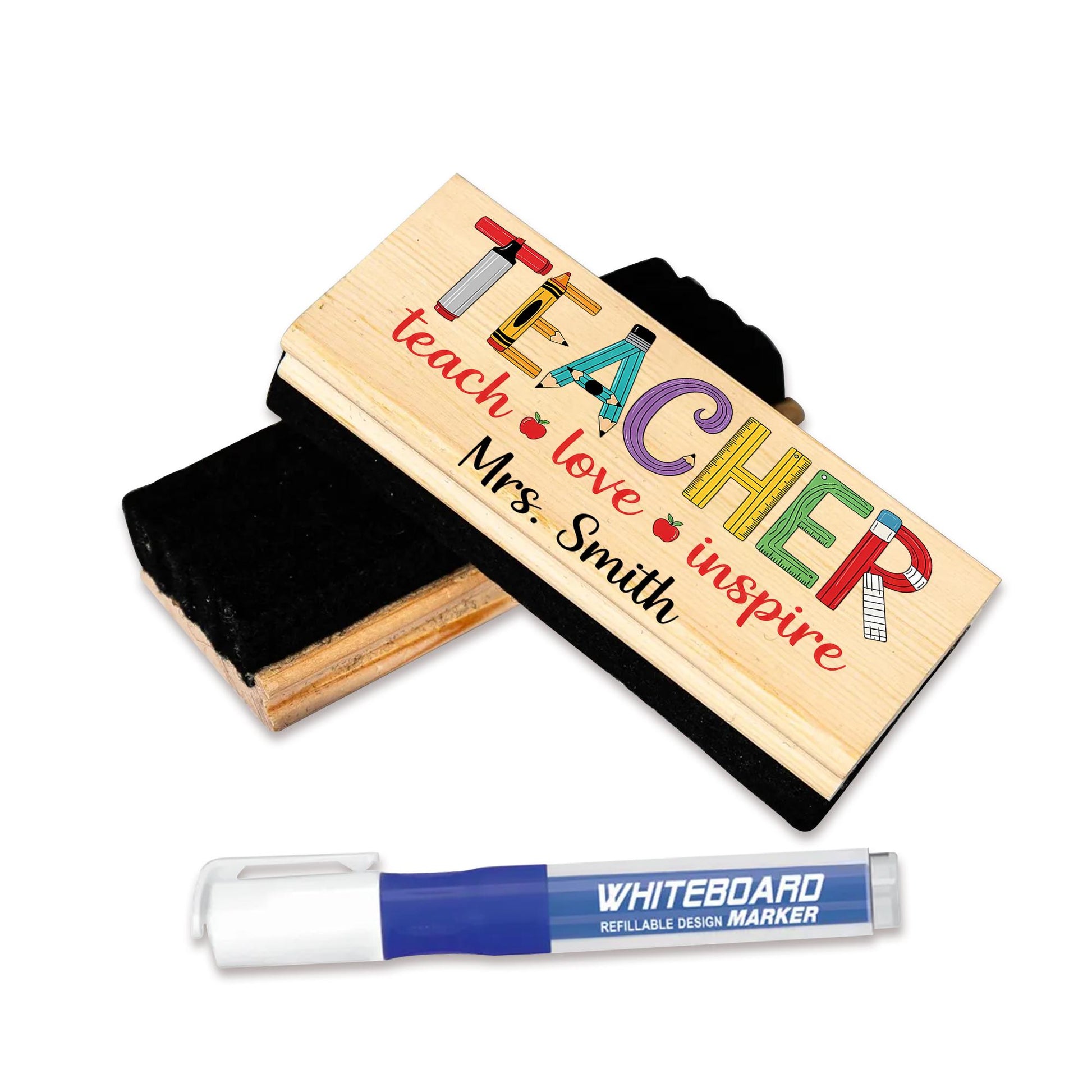 Personalized Teacher Chalkboard Eraser – Colorful TEACHER Design with Name, Teach Love Inspire Quote, Custom Classroom Gift, Educators Gift