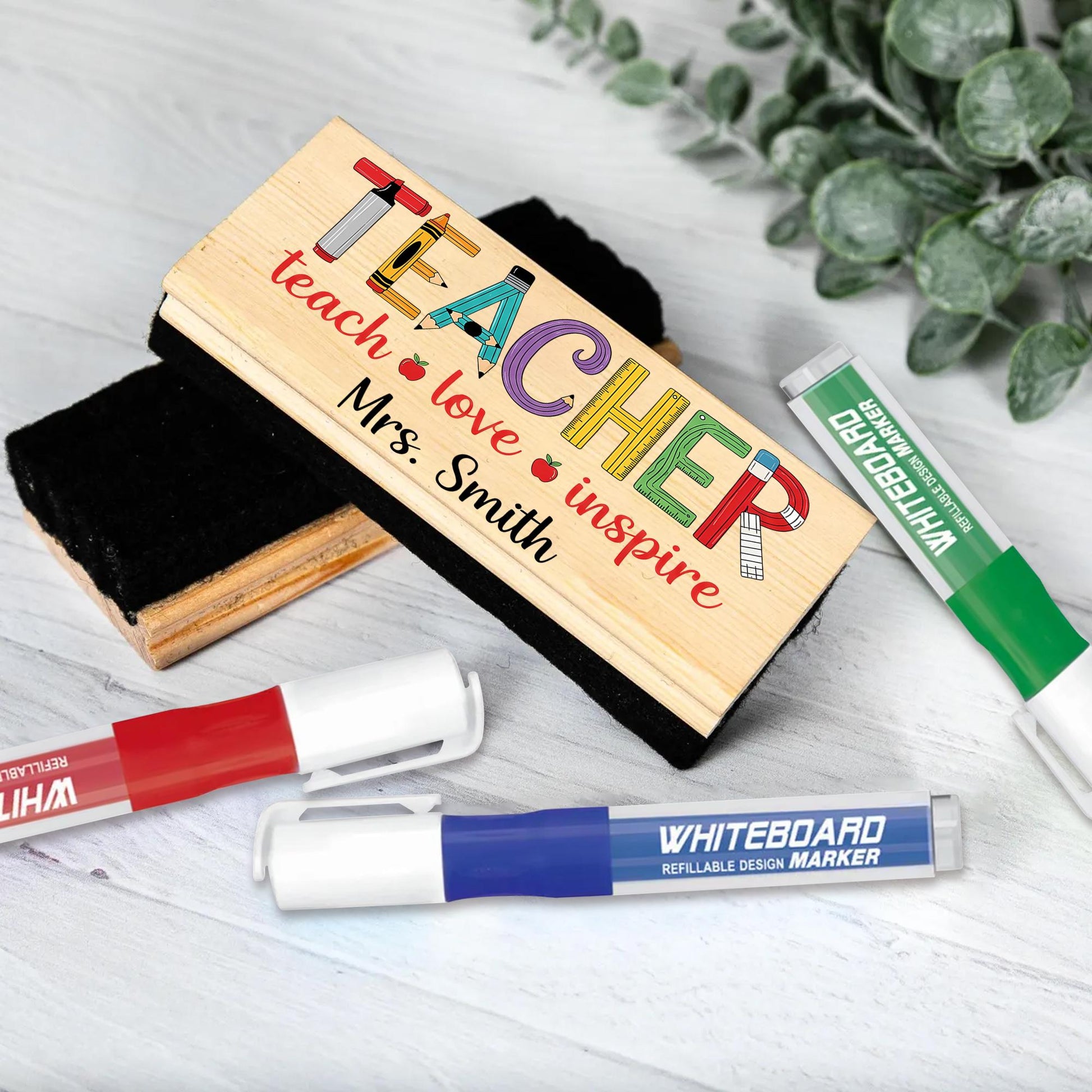 Personalized Teacher Chalkboard Eraser – Colorful TEACHER Design with Name, Teach Love Inspire Quote, Custom Classroom Gift, Educators Gift