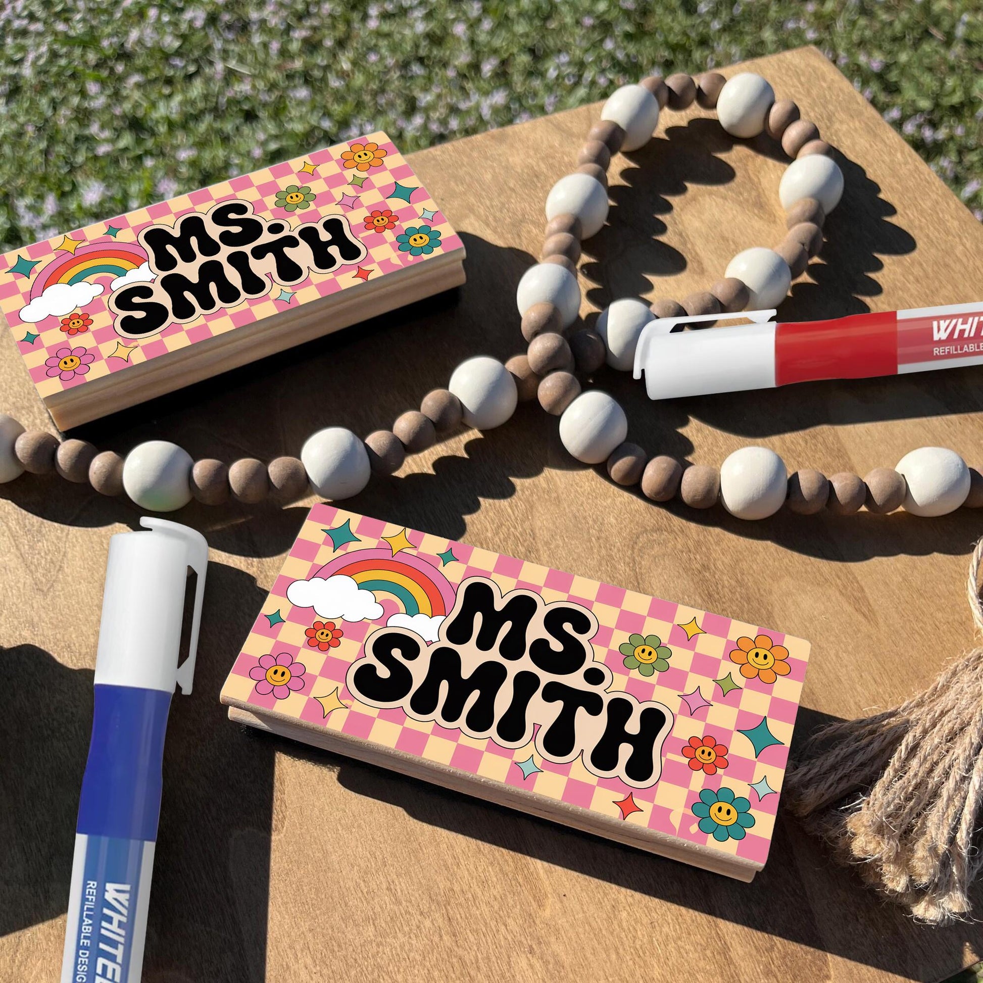 Retro Rainbow Teacher Chalkboard Eraser, Personalized Name with Groovy Flowers, Custom Back to School Gift for Fun Classrooms, Teacher Gifts