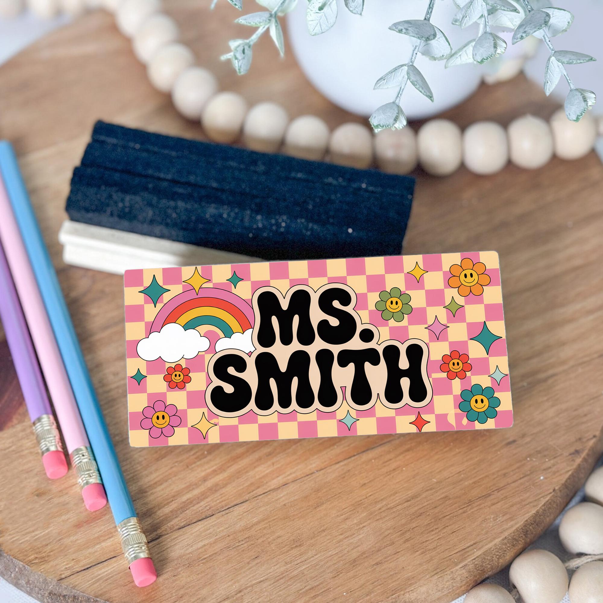 Retro Rainbow Teacher Chalkboard Eraser, Personalized Name with Groovy Flowers, Custom Back to School Gift for Fun Classrooms, Teacher Gifts