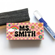 Retro Rainbow Teacher Chalkboard Eraser, Personalized Name with Groovy Flowers, Custom Back to School Gift for Fun Classrooms, Teacher Gifts