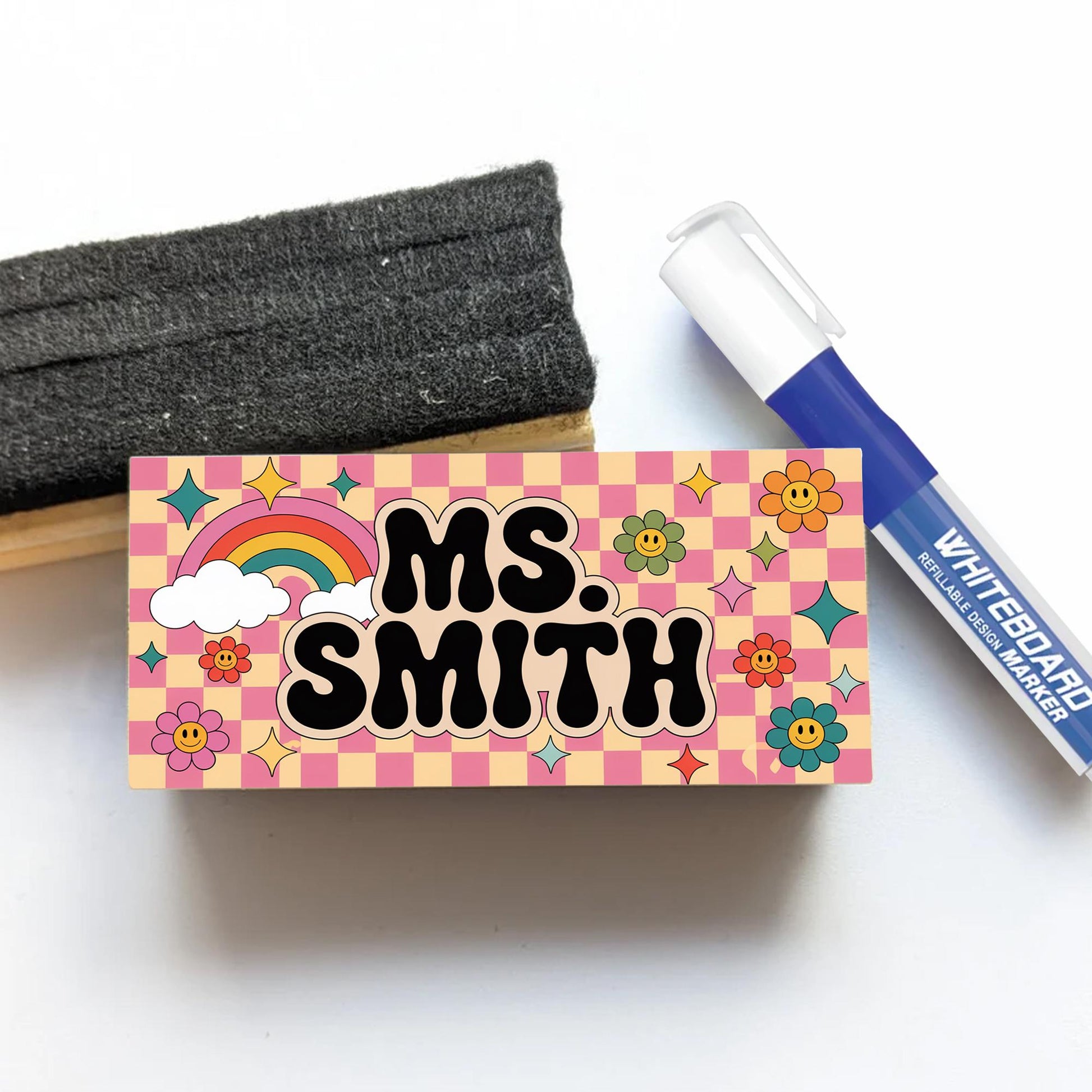 Retro Rainbow Teacher Chalkboard Eraser, Personalized Name with Groovy Flowers, Custom Back to School Gift for Fun Classrooms, Teacher Gifts