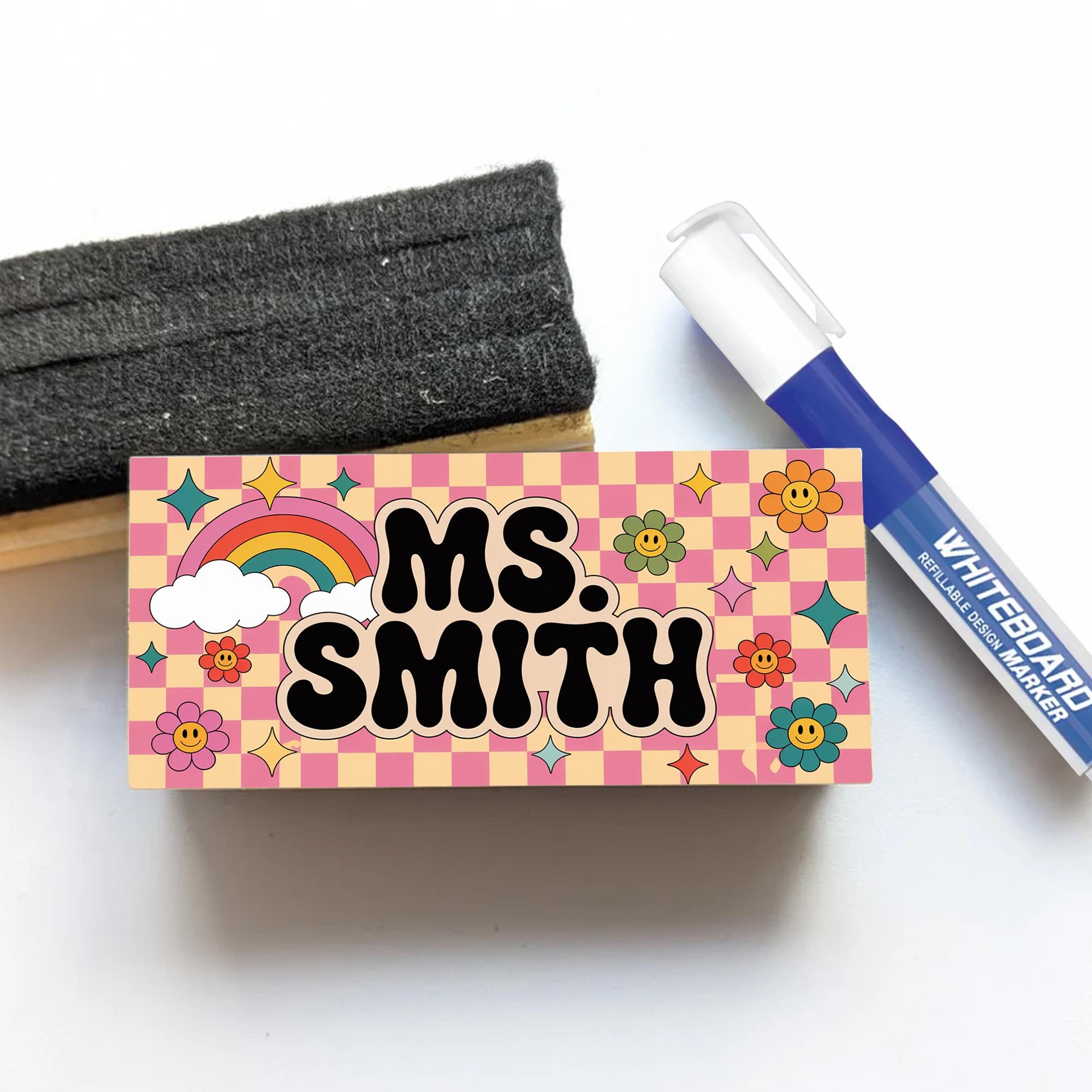 Retro Rainbow Teacher Chalkboard Eraser, Personalized Name with Groovy Flowers, Custom Back to School Gift for Fun Classrooms, Teacher Gifts