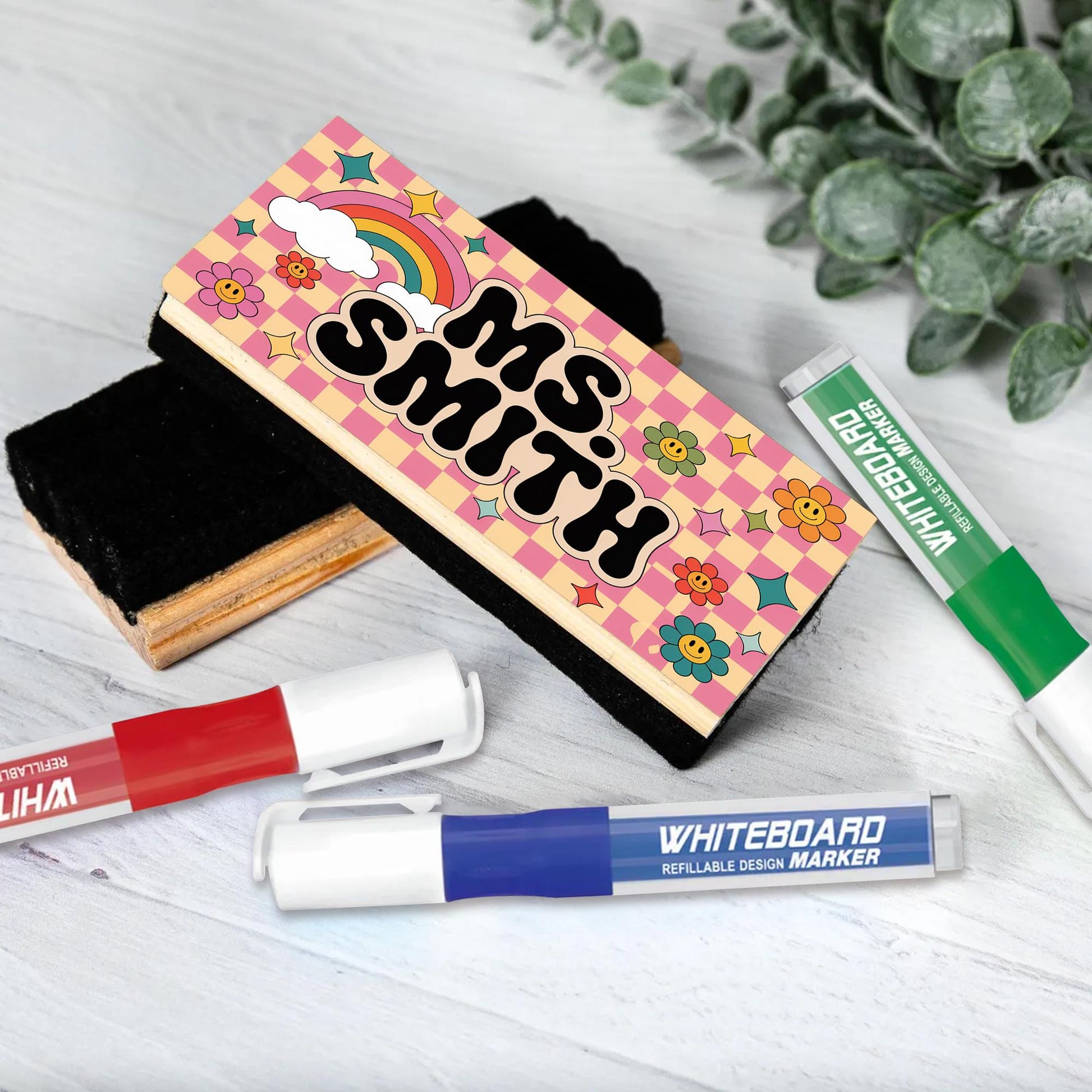 Retro Rainbow Teacher Chalkboard Eraser, Personalized Name with Groovy Flowers, Custom Back to School Gift for Fun Classrooms, Teacher Gifts