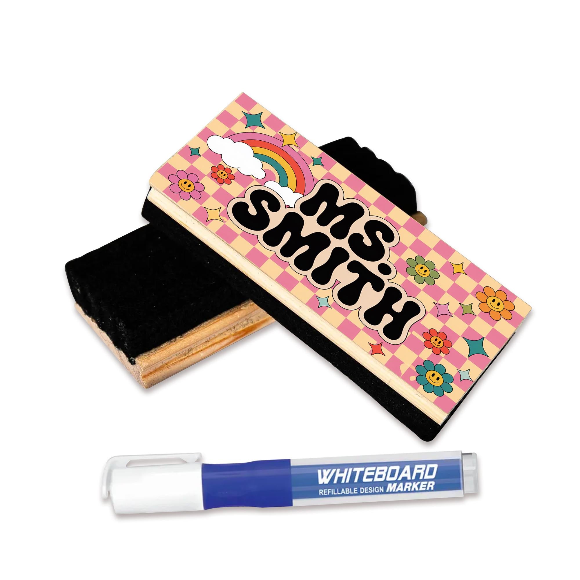 Retro Rainbow Teacher Chalkboard Eraser, Personalized Name with Groovy Flowers, Custom Back to School Gift for Fun Classrooms, Teacher Gifts