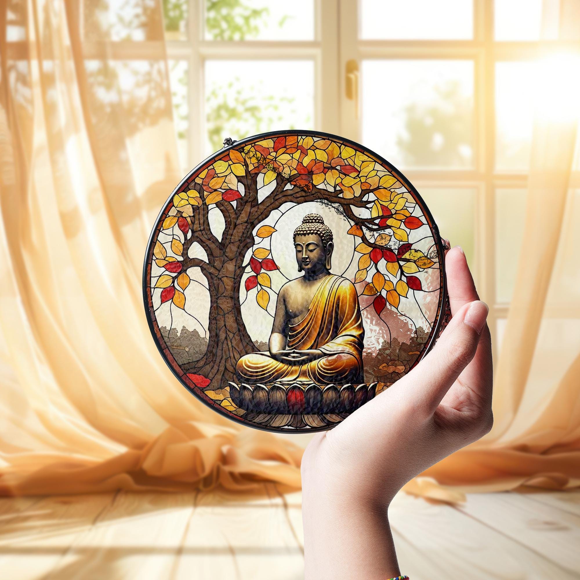 Buddha Glass Suncatcher for Autumn | Zen Meditation Window Decor | Fall Glass Suncatcher Lotus Gift | Tranquil Boho Spiritual Art