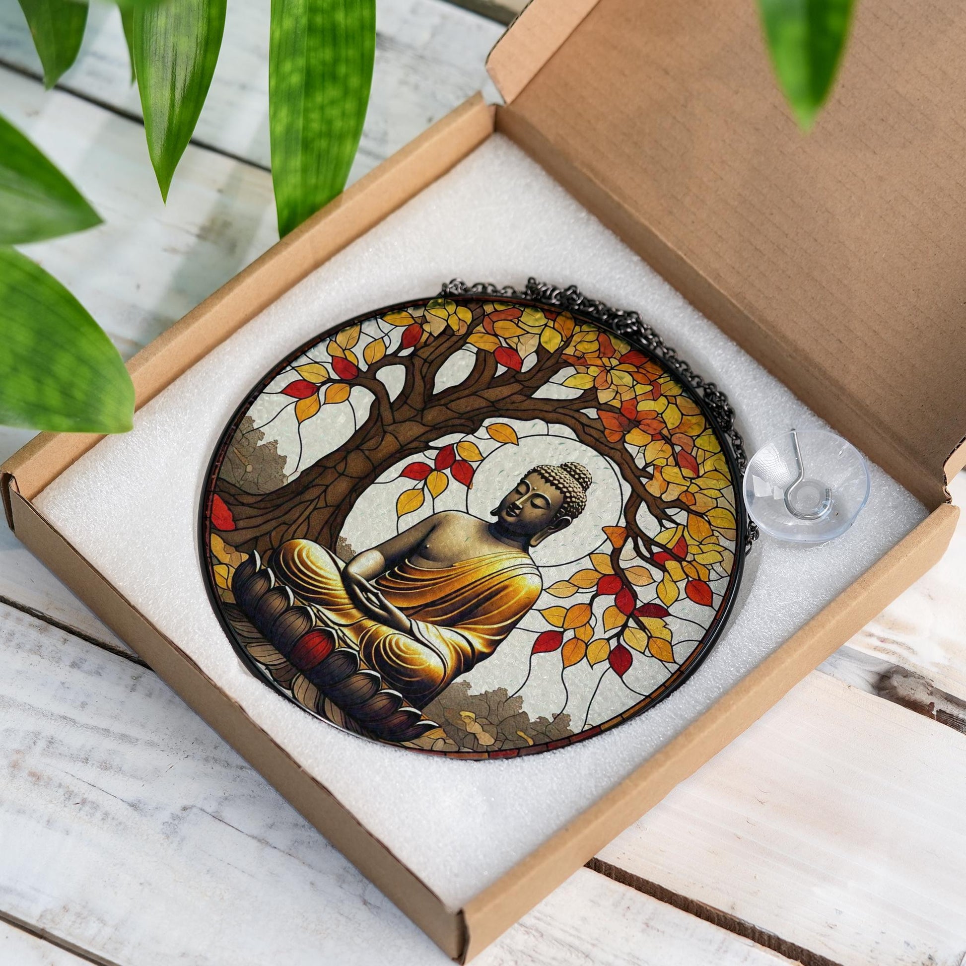 Buddha Glass Suncatcher for Autumn | Zen Meditation Window Decor | Fall Glass Suncatcher Lotus Gift | Tranquil Boho Spiritual Art