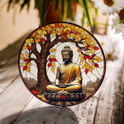 Buddha Glass Suncatcher for Autumn | Zen Meditation Window Decor | Fall Glass Suncatcher Lotus Gift | Tranquil Boho Spiritual Art