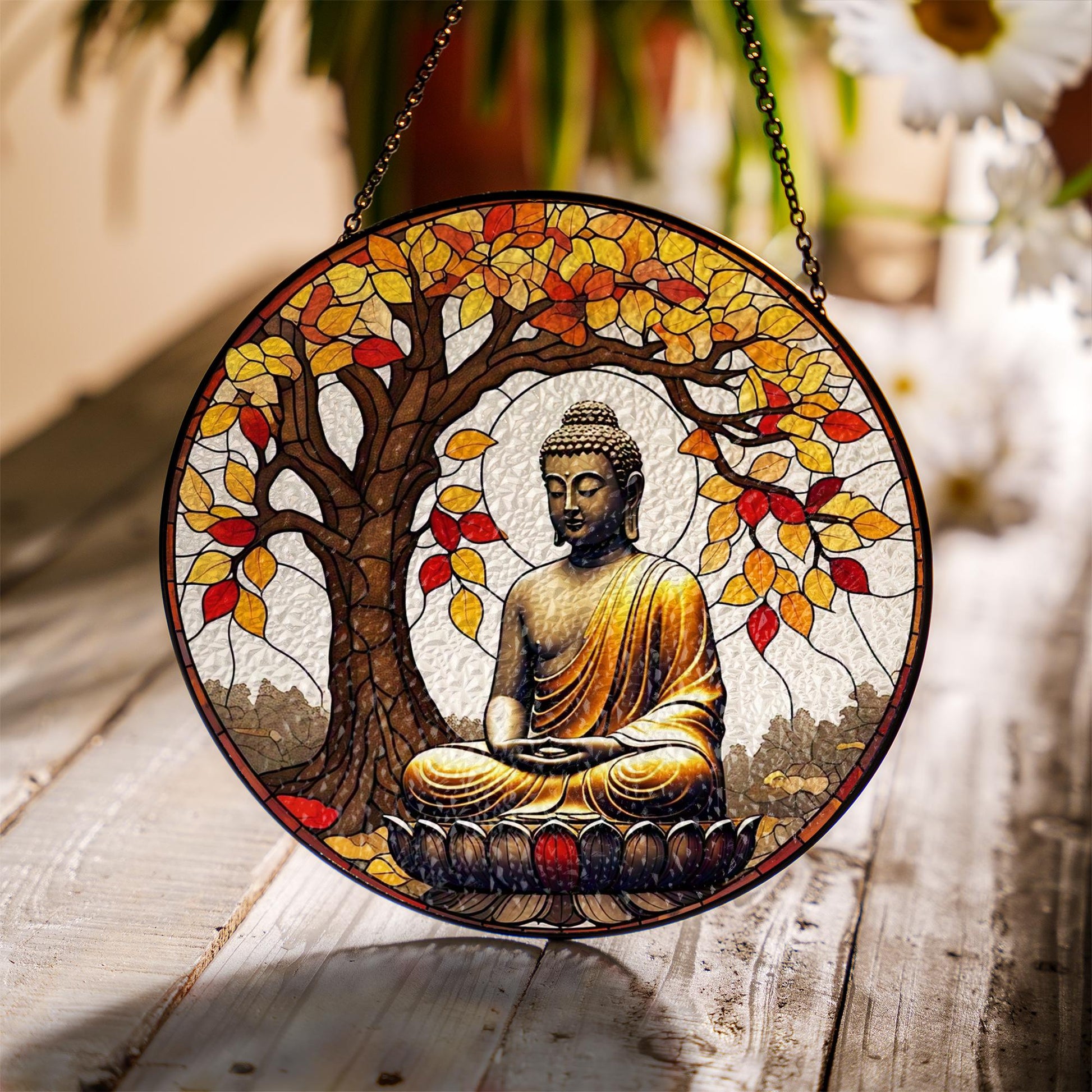 Buddha Glass Suncatcher for Autumn | Zen Meditation Window Decor | Fall Glass Suncatcher Lotus Gift | Tranquil Boho Spiritual Art