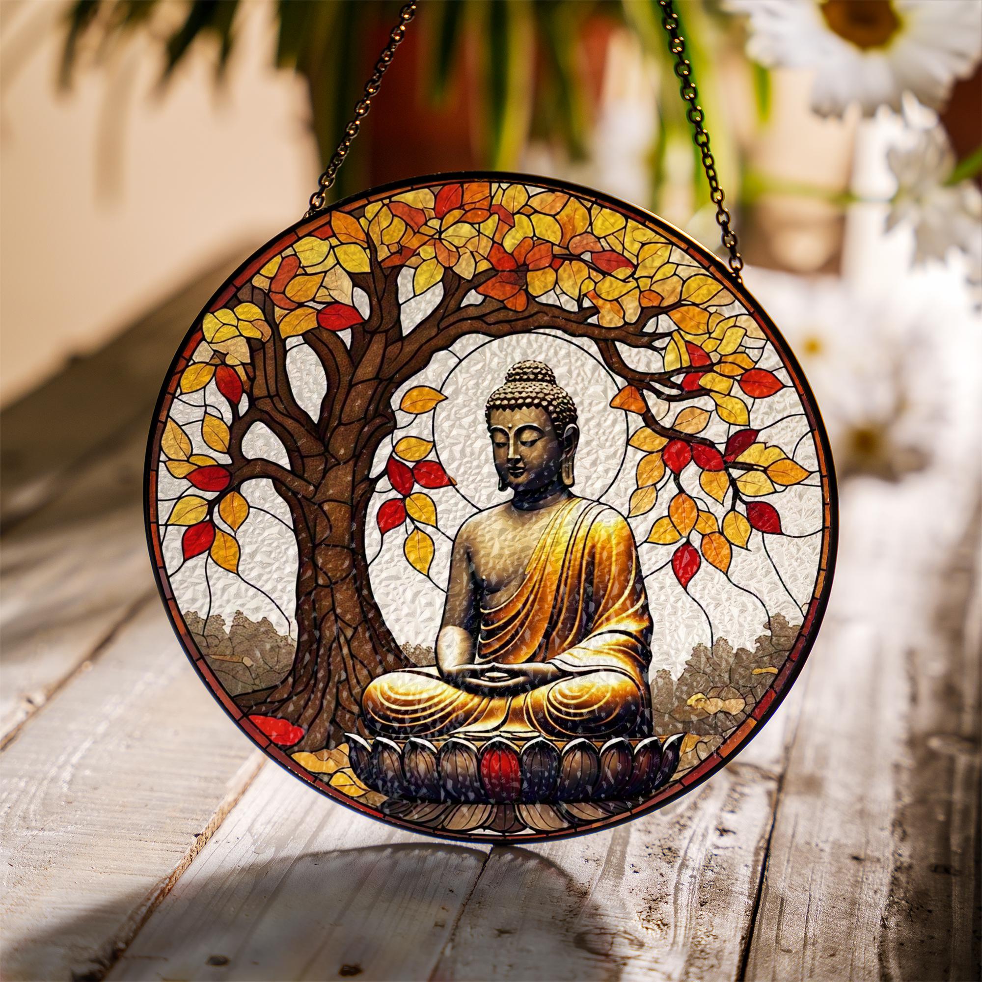 Buddha Glass Suncatcher for Autumn | Zen Meditation Window Decor | Fall Glass Suncatcher Lotus Gift | Tranquil Boho Spiritual Art