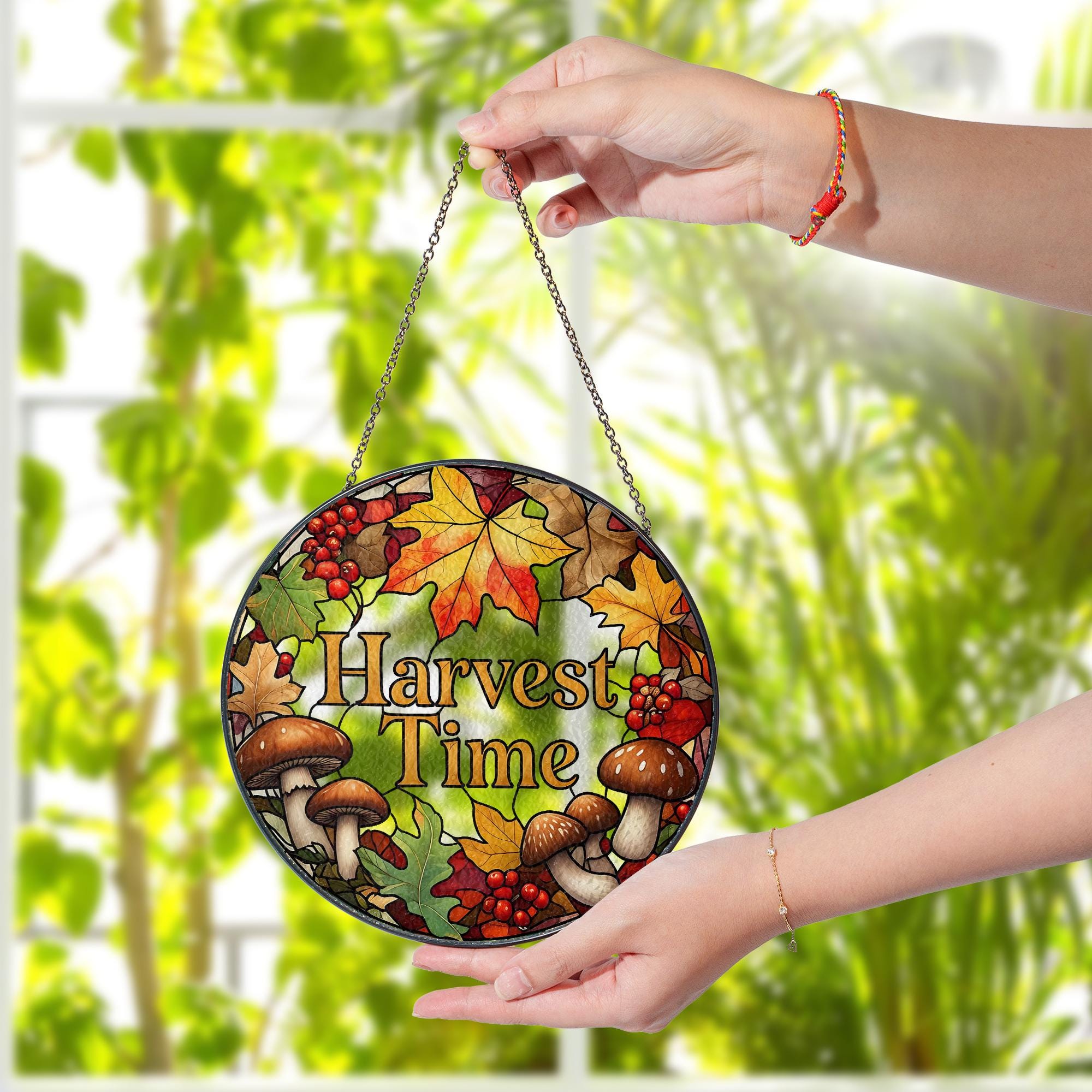 Harvest Time Glass Suncatcher | Autumn Window Hanging Decor | Fall Leaves & Mushroom Art Panel | Thanksgiving Seasonal Gift
