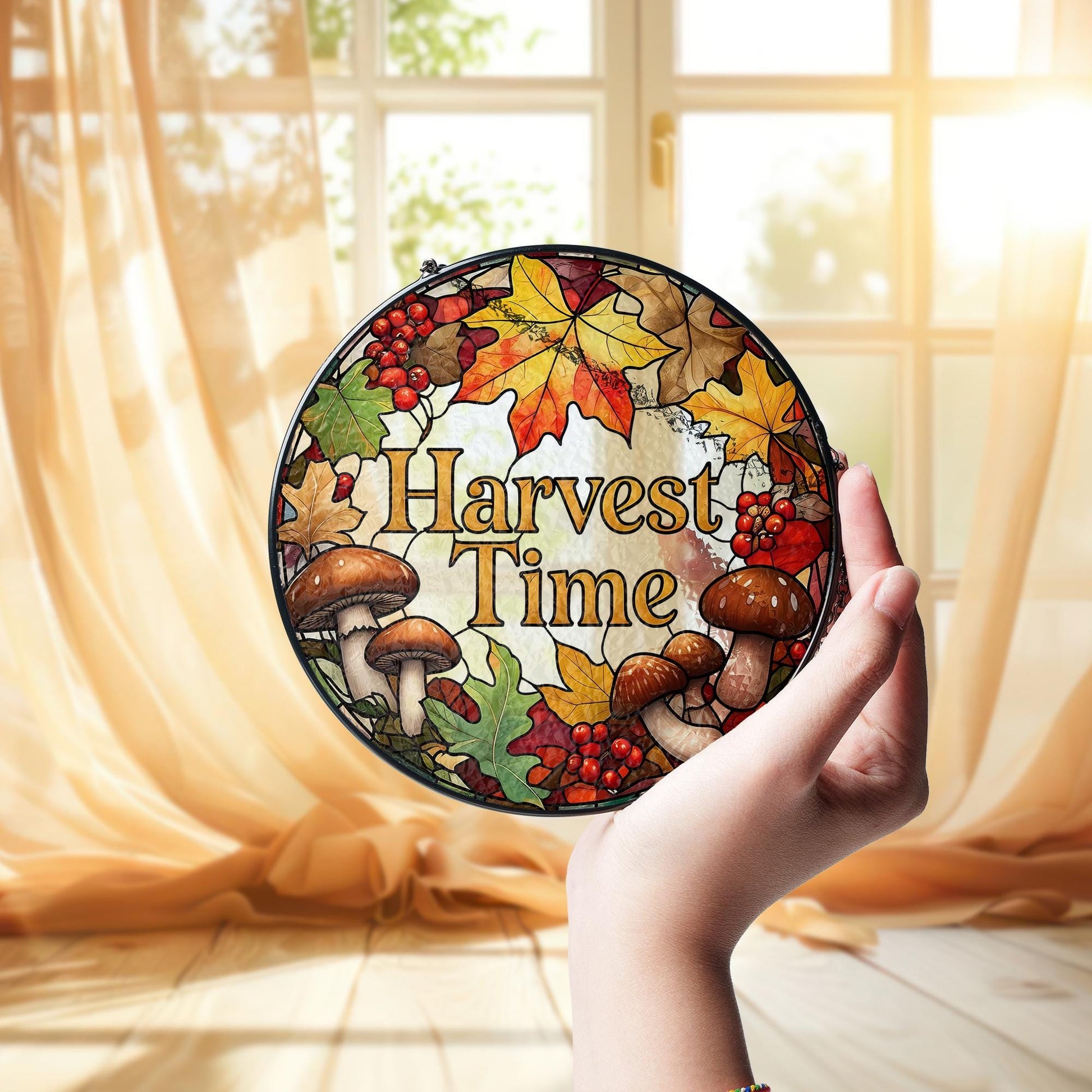 Harvest Time Glass Suncatcher | Autumn Window Hanging Decor | Fall Leaves & Mushroom Art Panel | Thanksgiving Seasonal Gift