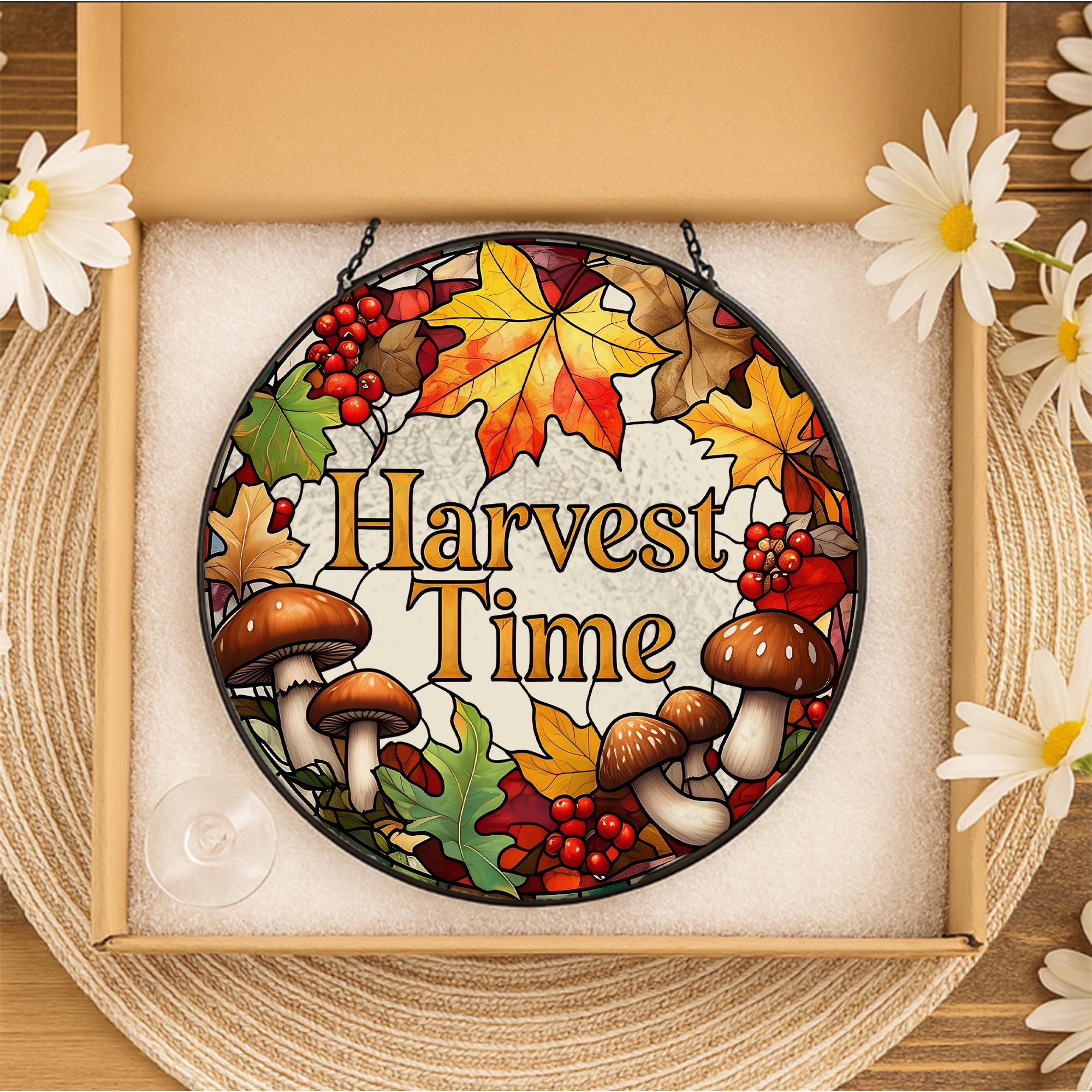 Harvest Time Glass Suncatcher | Autumn Window Hanging Decor | Fall Leaves & Mushroom Art Panel | Thanksgiving Seasonal Gift