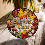 Harvest Time Glass Suncatcher | Autumn Window Hanging Decor | Fall Leaves & Mushroom Art Panel | Thanksgiving Seasonal Gift