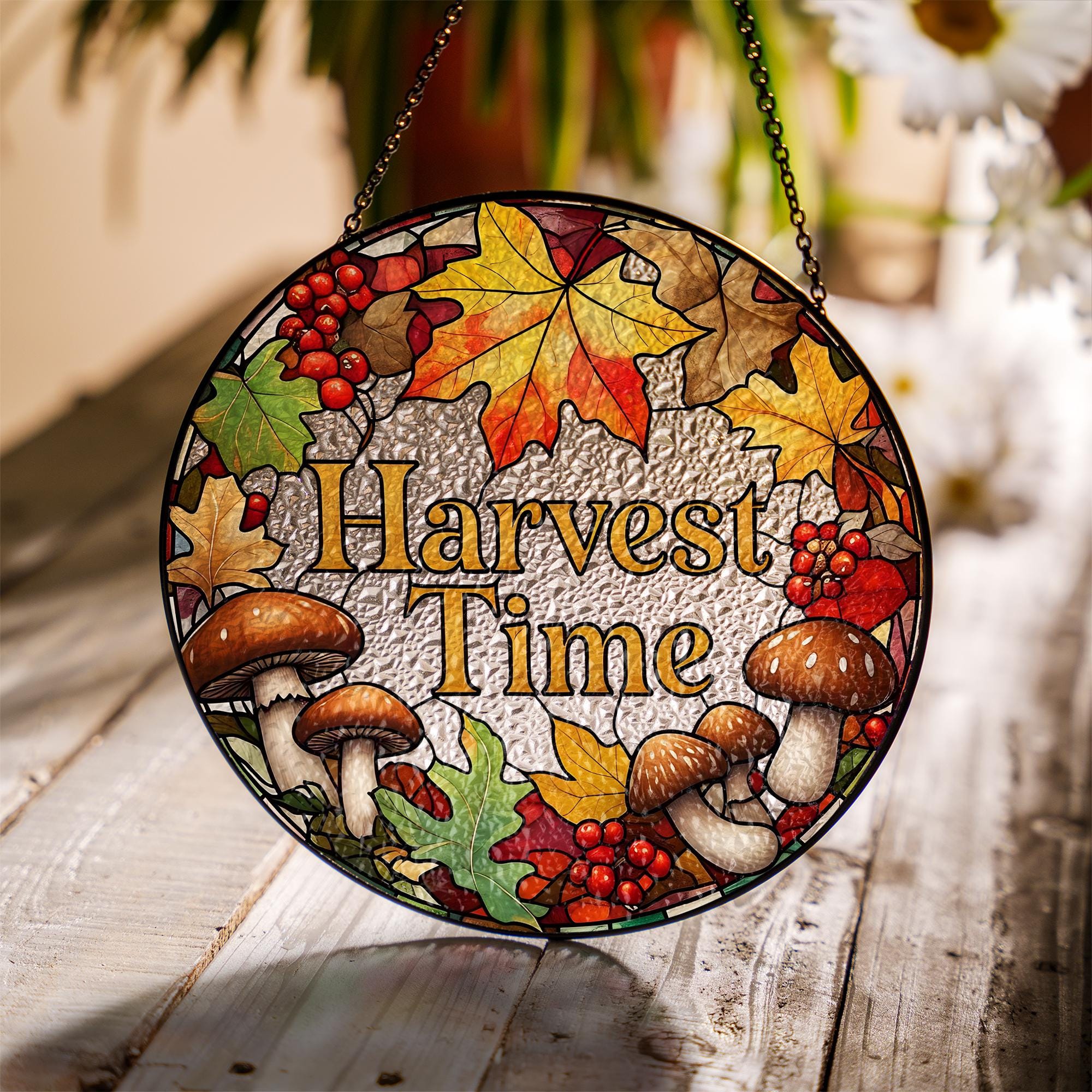 Harvest Time Glass Suncatcher | Autumn Window Hanging Decor | Fall Leaves & Mushroom Art Panel | Thanksgiving Seasonal Gift