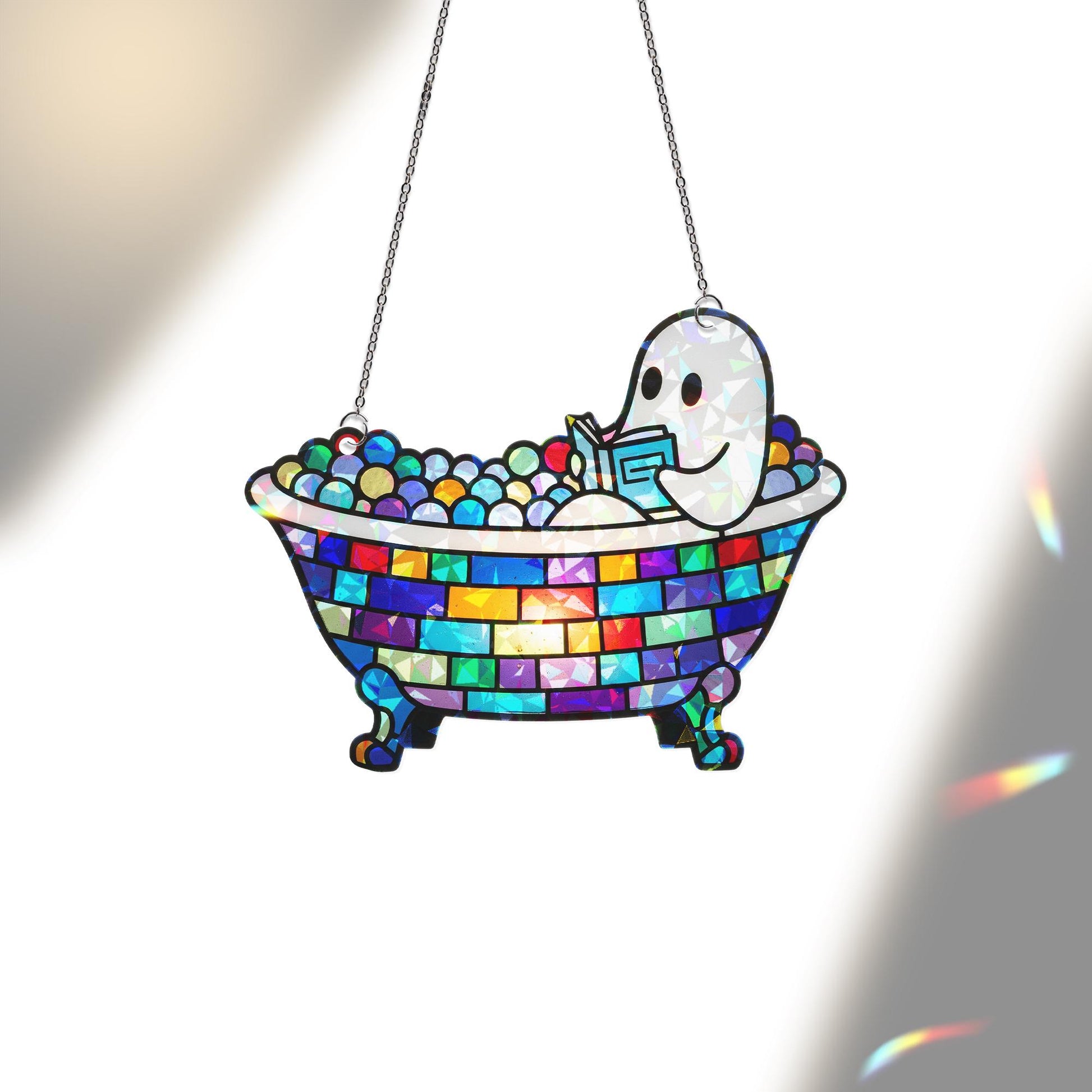Ghost Reading in Bathtub Hologram Decor, Spooky Book Lover Gift, Halloween Ghost Shelf Art, Cute Ghost Bathroom Decoration