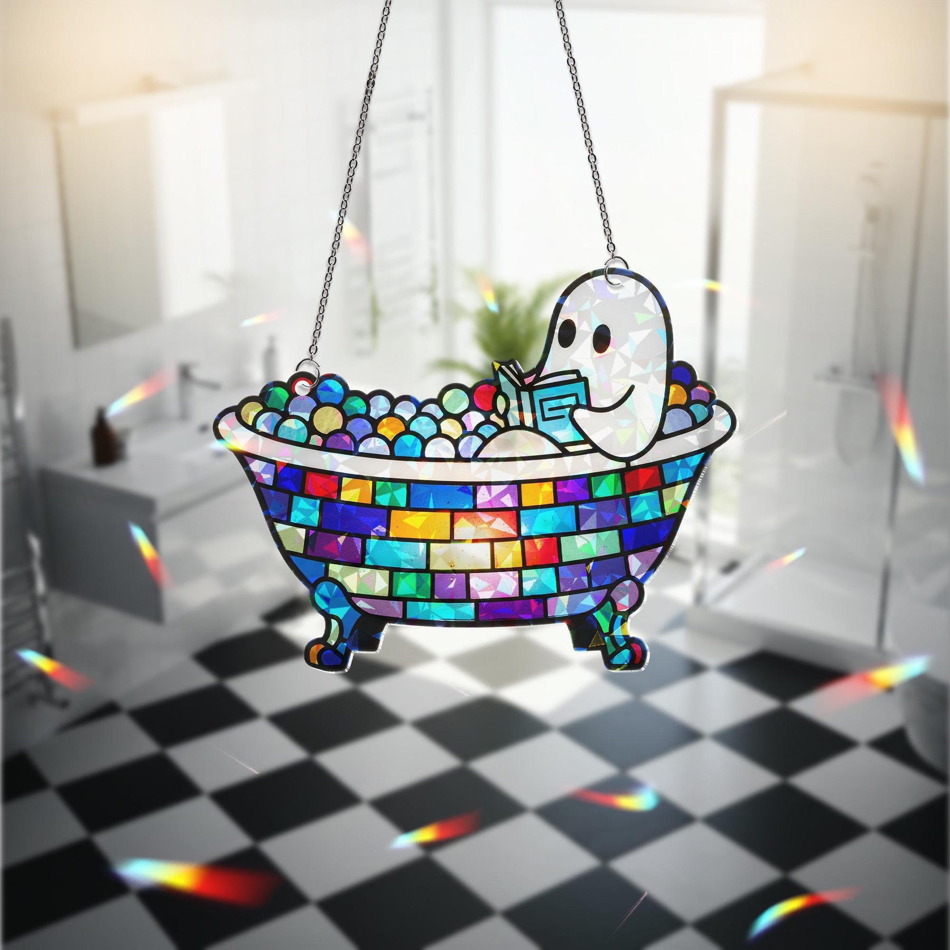 Ghost Reading in Bathtub Hologram Decor, Spooky Book Lover Gift, Halloween Ghost Shelf Art, Cute Ghost Bathroom Decoration
