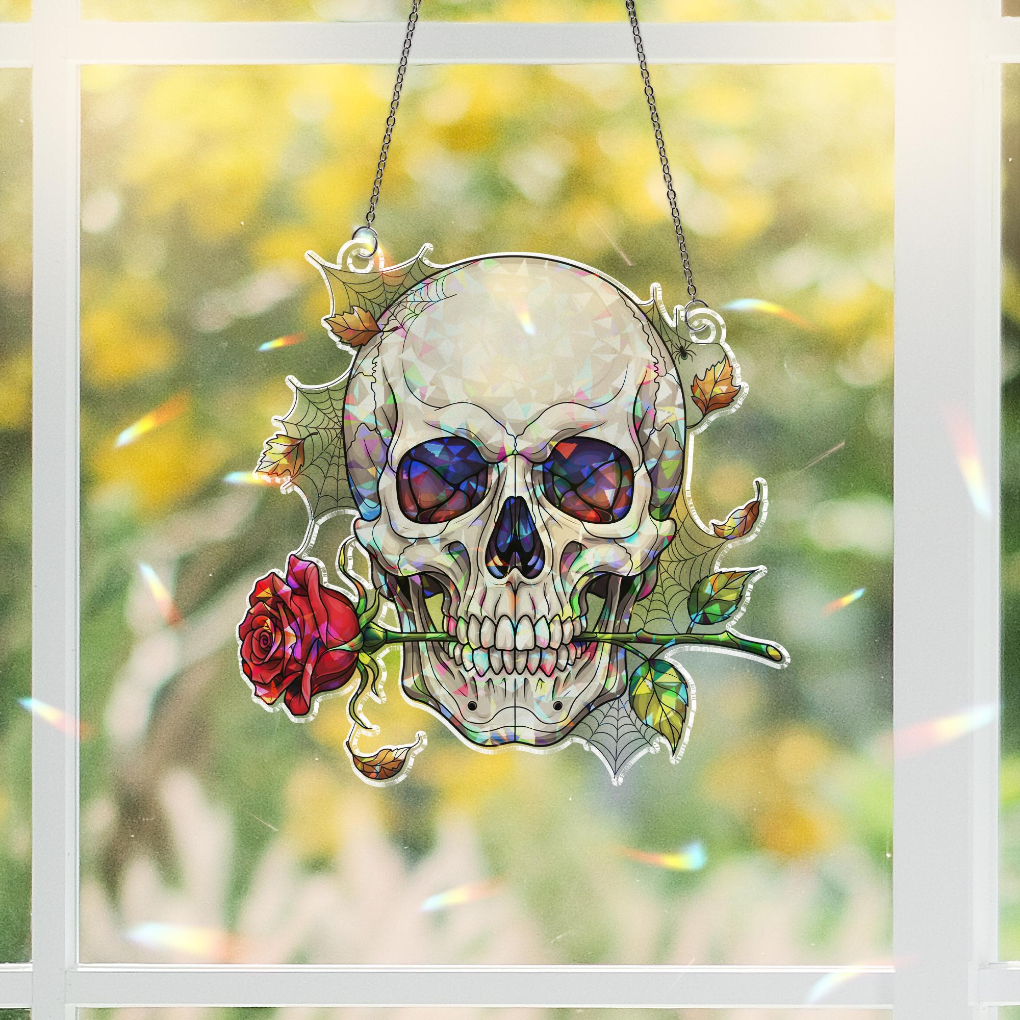 Gothic Skull Suncatcher with Rose | Stained Glass Skull Window Hanging | Halloween Gothic Decor | Creepy Cute Window Art