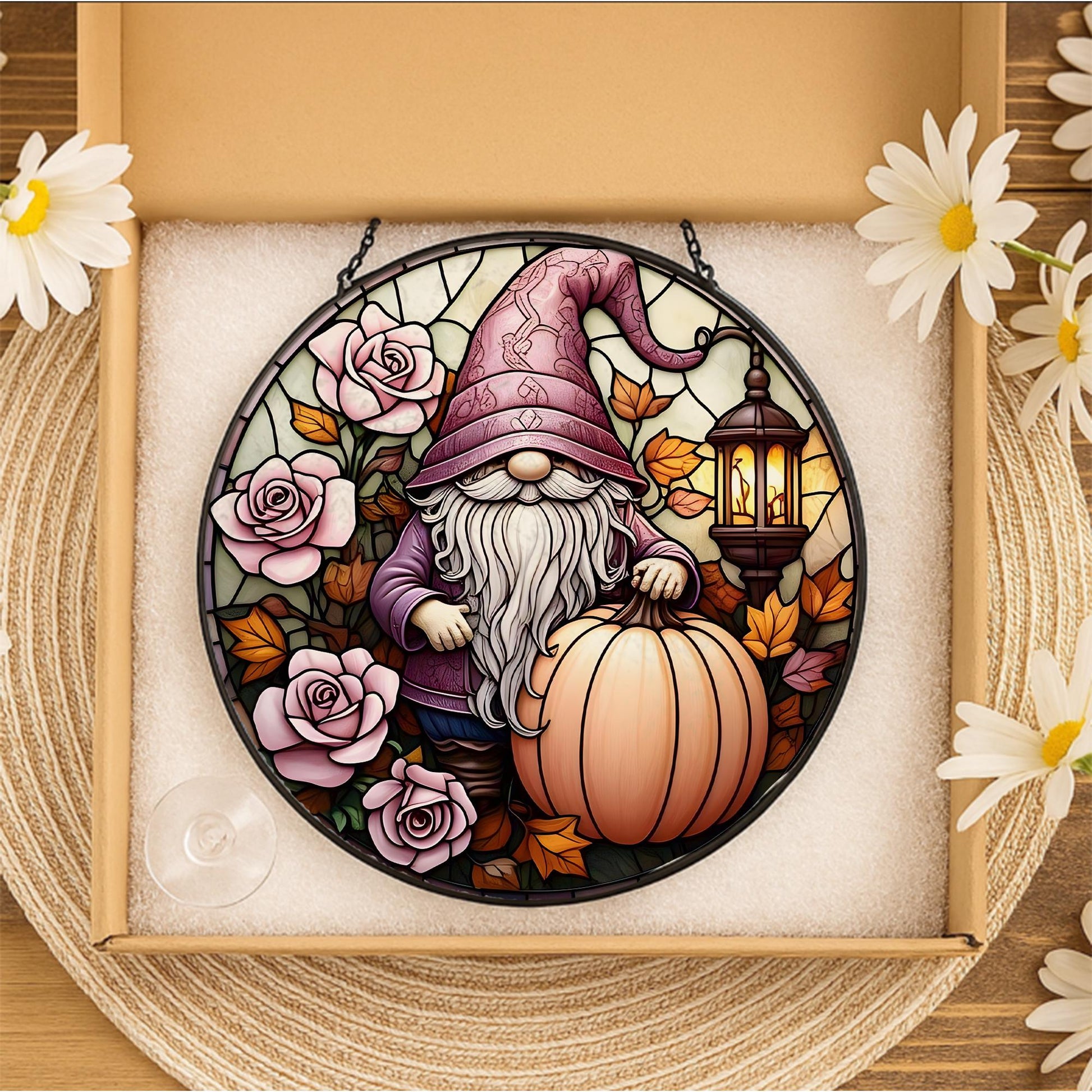 Gnome Glass Suncatcher – Fall Pumpkin & Rose Window Hanging with Lantern, Whimsical Autumn Garden Decor