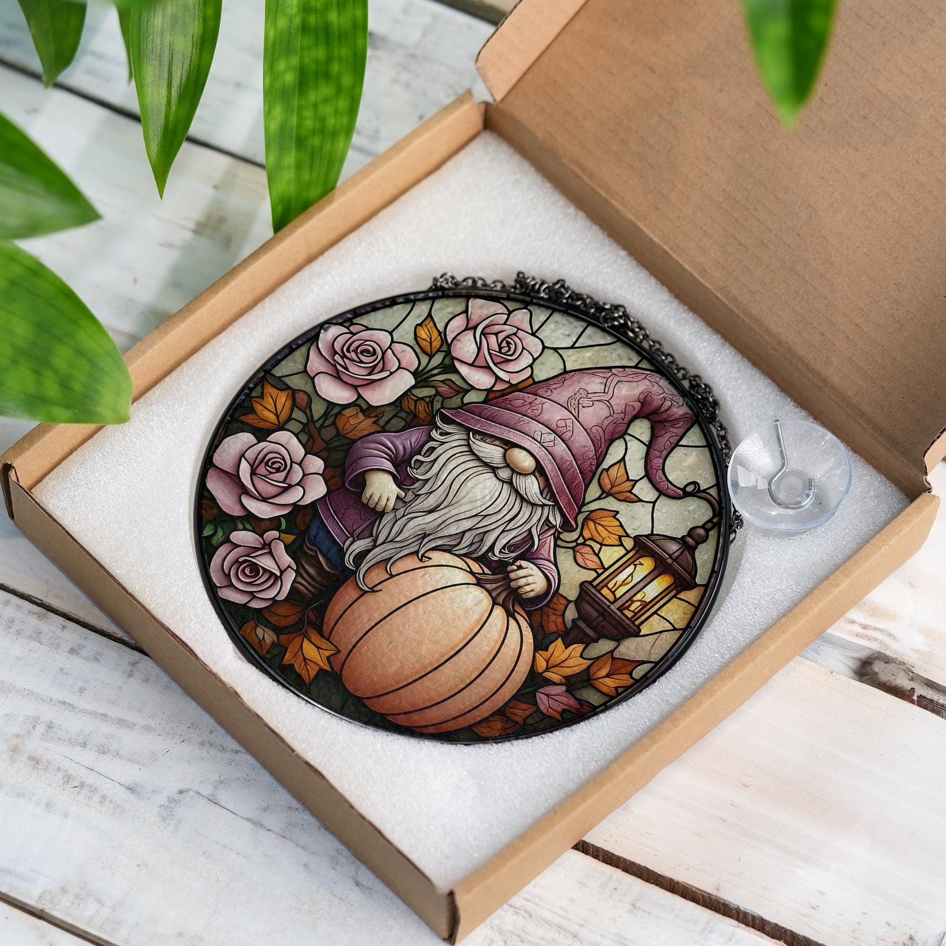 Gnome Glass Suncatcher – Fall Pumpkin & Rose Window Hanging with Lantern, Whimsical Autumn Garden Decor