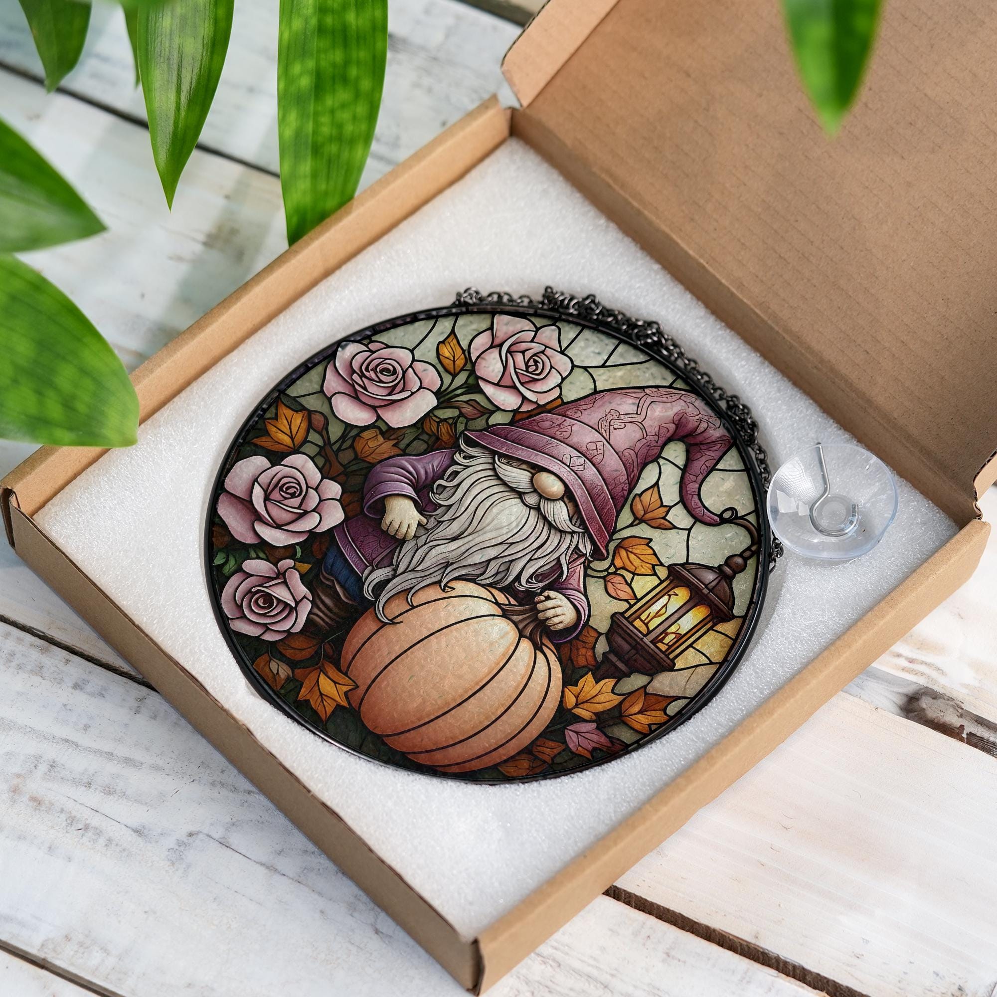 Gnome Glass Suncatcher – Fall Pumpkin & Rose Window Hanging with Lantern, Whimsical Autumn Garden Decor