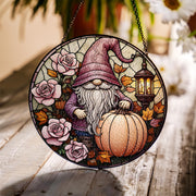 Gnome Glass Suncatcher – Fall Pumpkin & Rose Window Hanging with Lantern, Whimsical Autumn Garden Decor