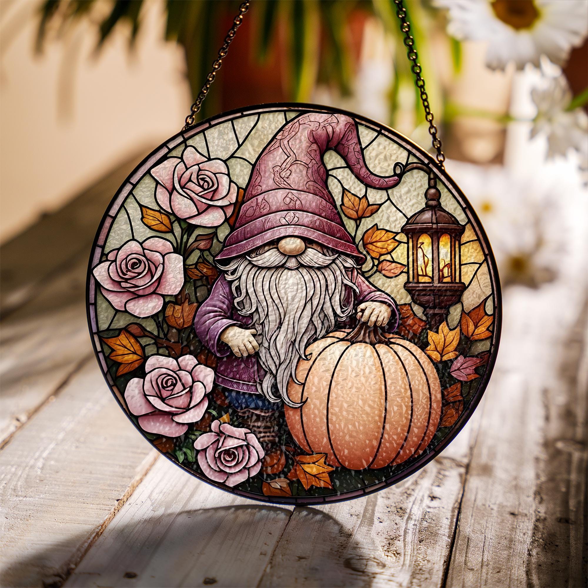 Gnome Glass Suncatcher – Fall Pumpkin & Rose Window Hanging with Lantern, Whimsical Autumn Garden Decor