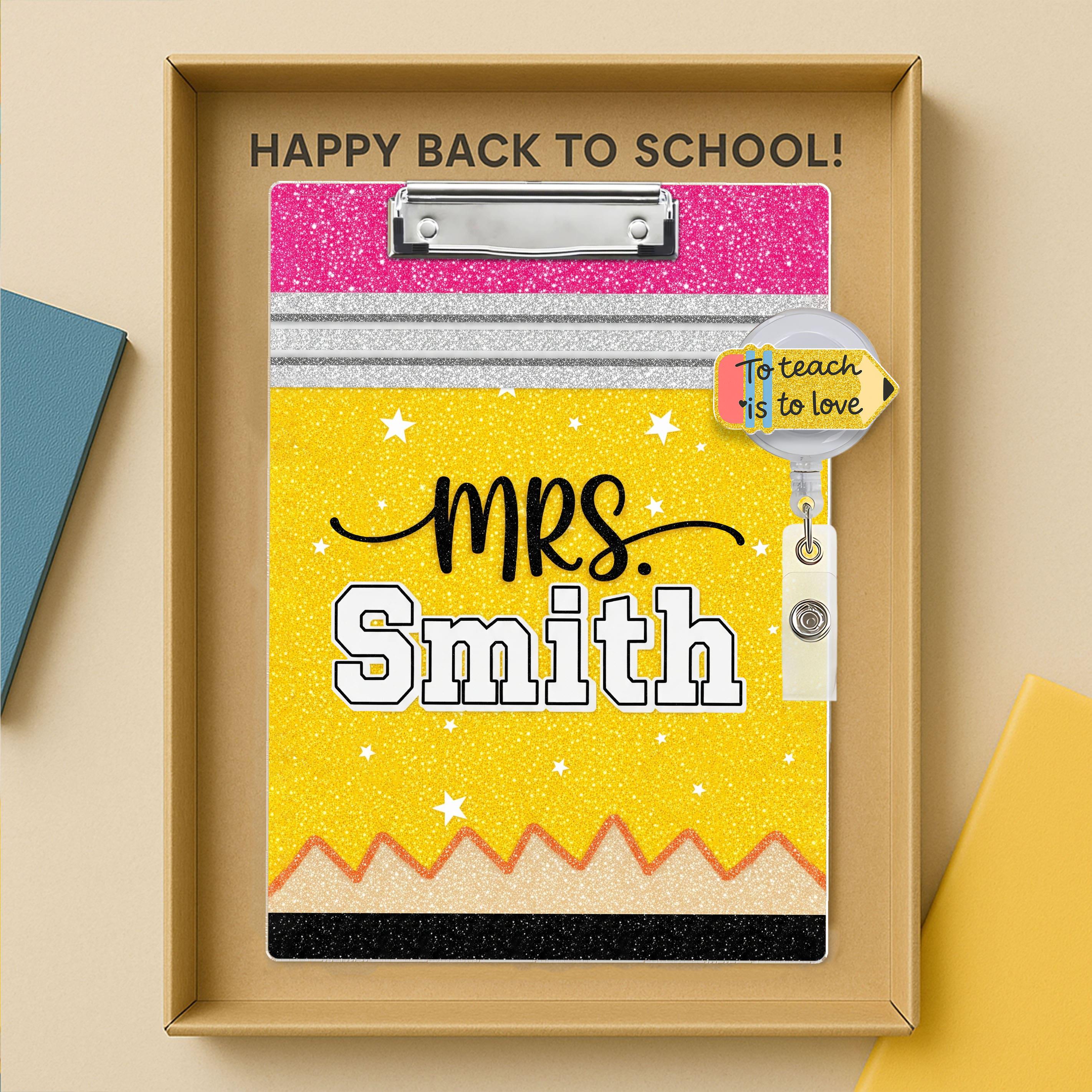 COMBO Teacher Clipboard and Badge Reel Set, Faux Glitter Clipboard, Groovy Pencil Badge, Personalized Teacher Gift, Back to School