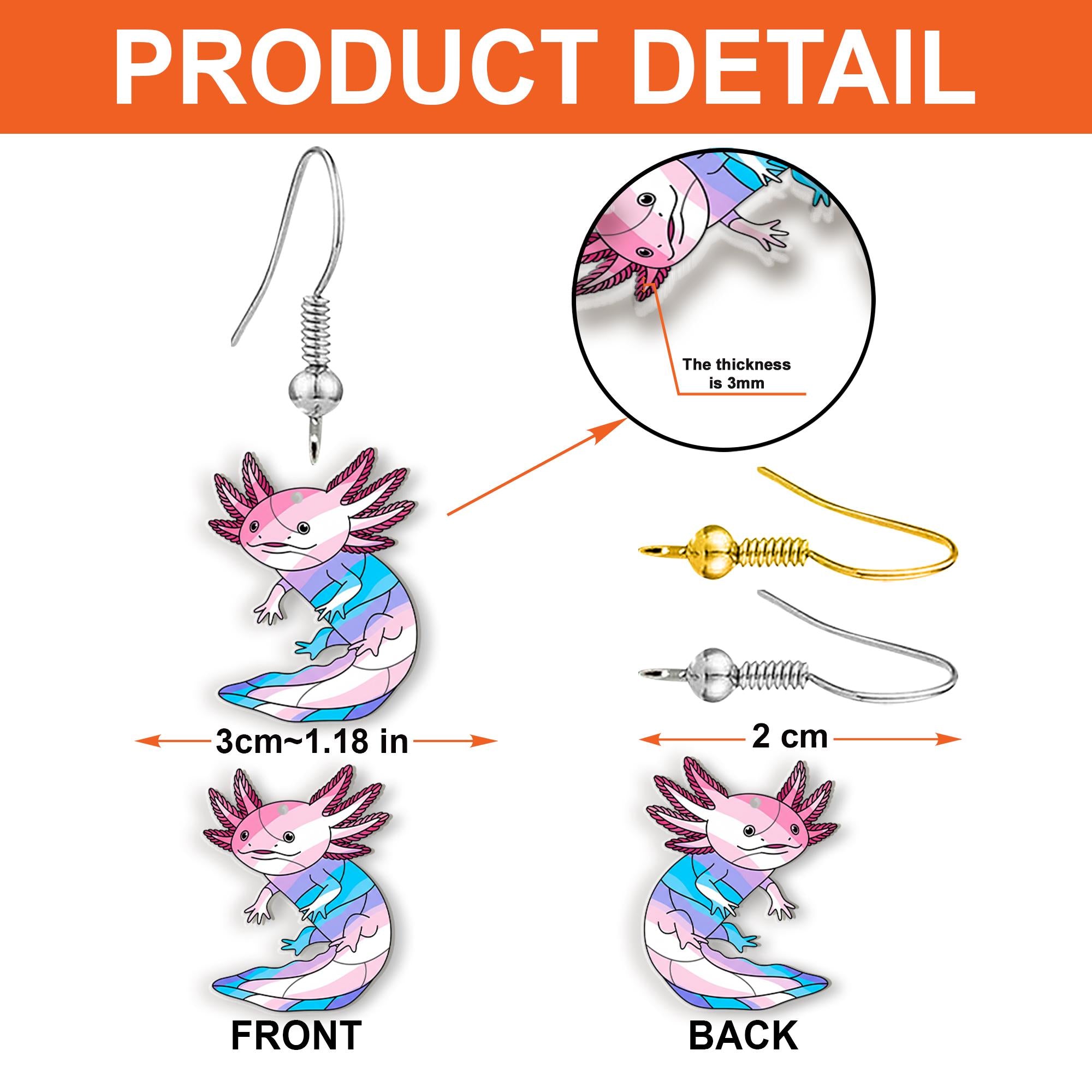 Transgender Axolotl Earrings, Pride Dangle Jewelry, Cute LGBTQ+ Accessory, Pastel Lizard Earrings, Trans Flag Gift for Them