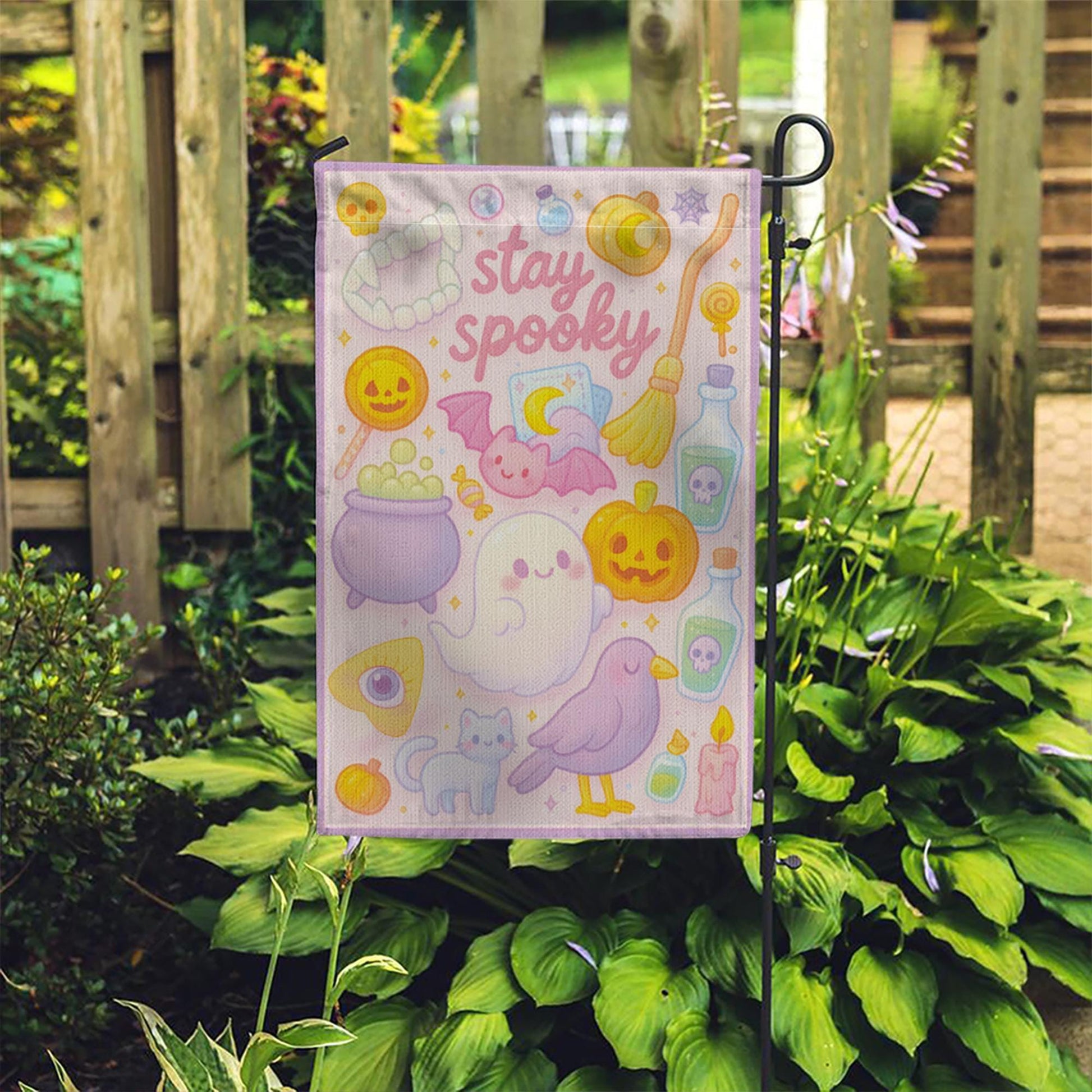 Pastel Halloween Garden Flag, Cute "Stay Spooky" Ghost Yard Banner, Kawaii Witchy Outdoor Decor, Spooky Season Housewarming Gift