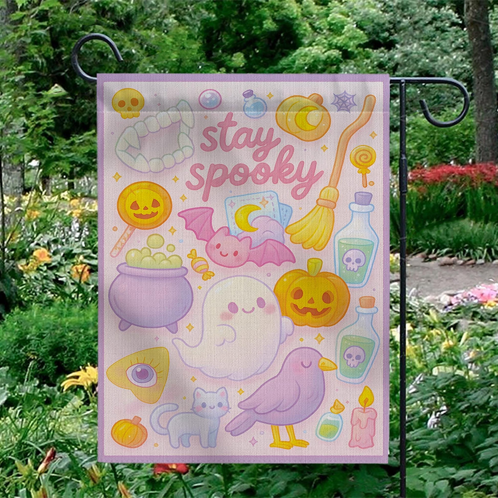 Pastel Halloween Garden Flag, Cute "Stay Spooky" Ghost Yard Banner, Kawaii Witchy Outdoor Decor, Spooky Season Housewarming Gift