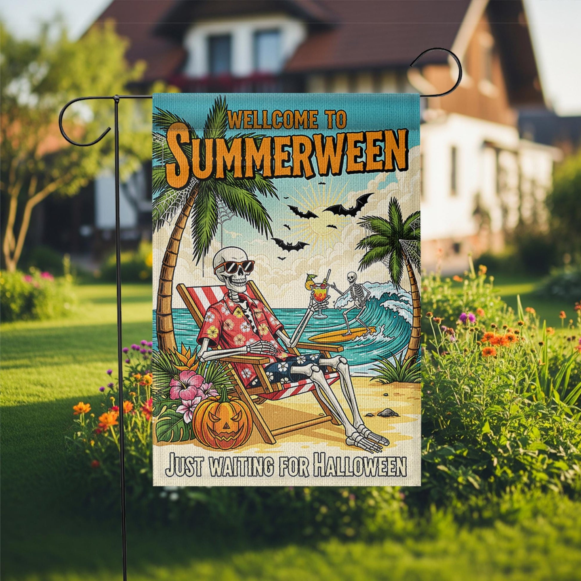 Summerween Garden Flag, Skeleton Beach Decor, Funny Halloween in July Banner, Spooky Tropical Yard Art, Waiting for Halloween Gift