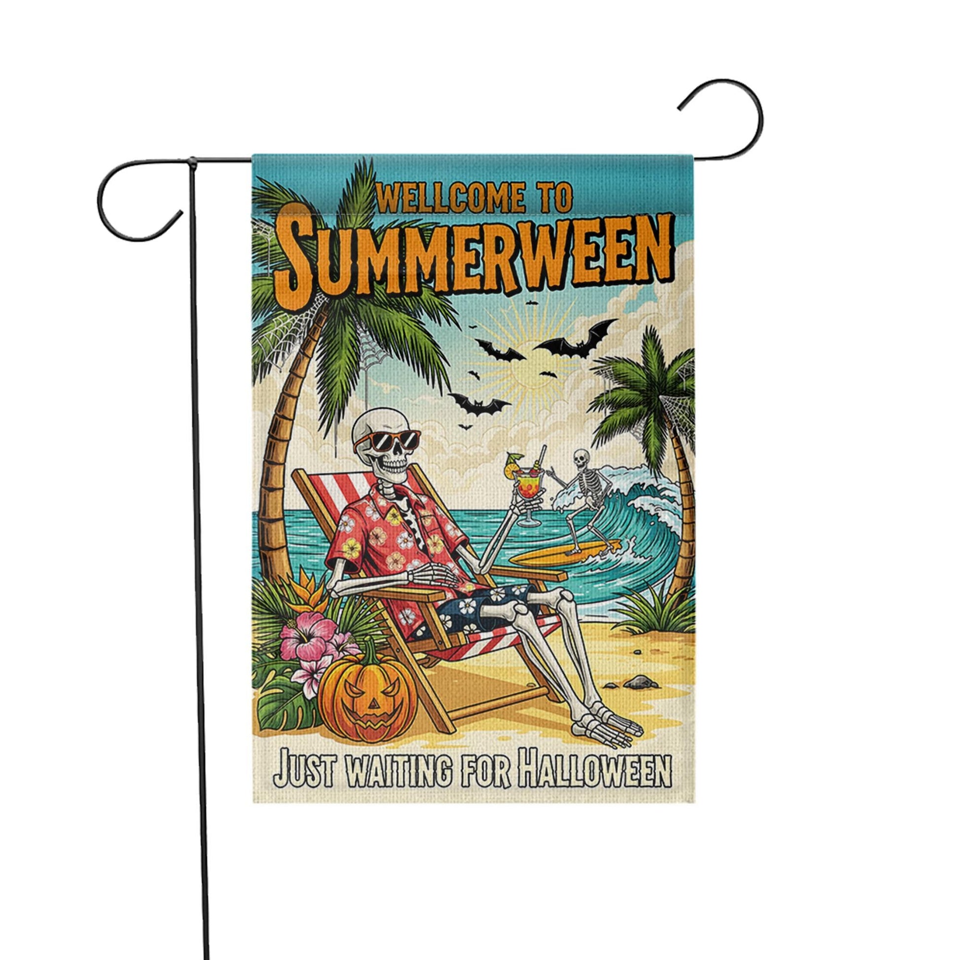 Summerween Garden Flag, Skeleton Beach Decor, Funny Halloween in July Banner, Spooky Tropical Yard Art, Waiting for Halloween Gift