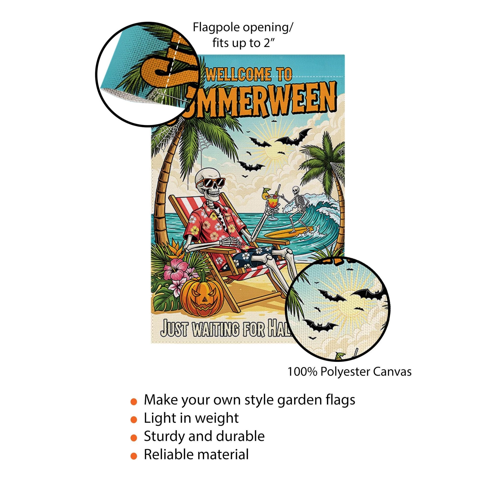 Summerween Garden Flag, Skeleton Beach Decor, Funny Halloween in July Banner, Spooky Tropical Yard Art, Waiting for Halloween Gift